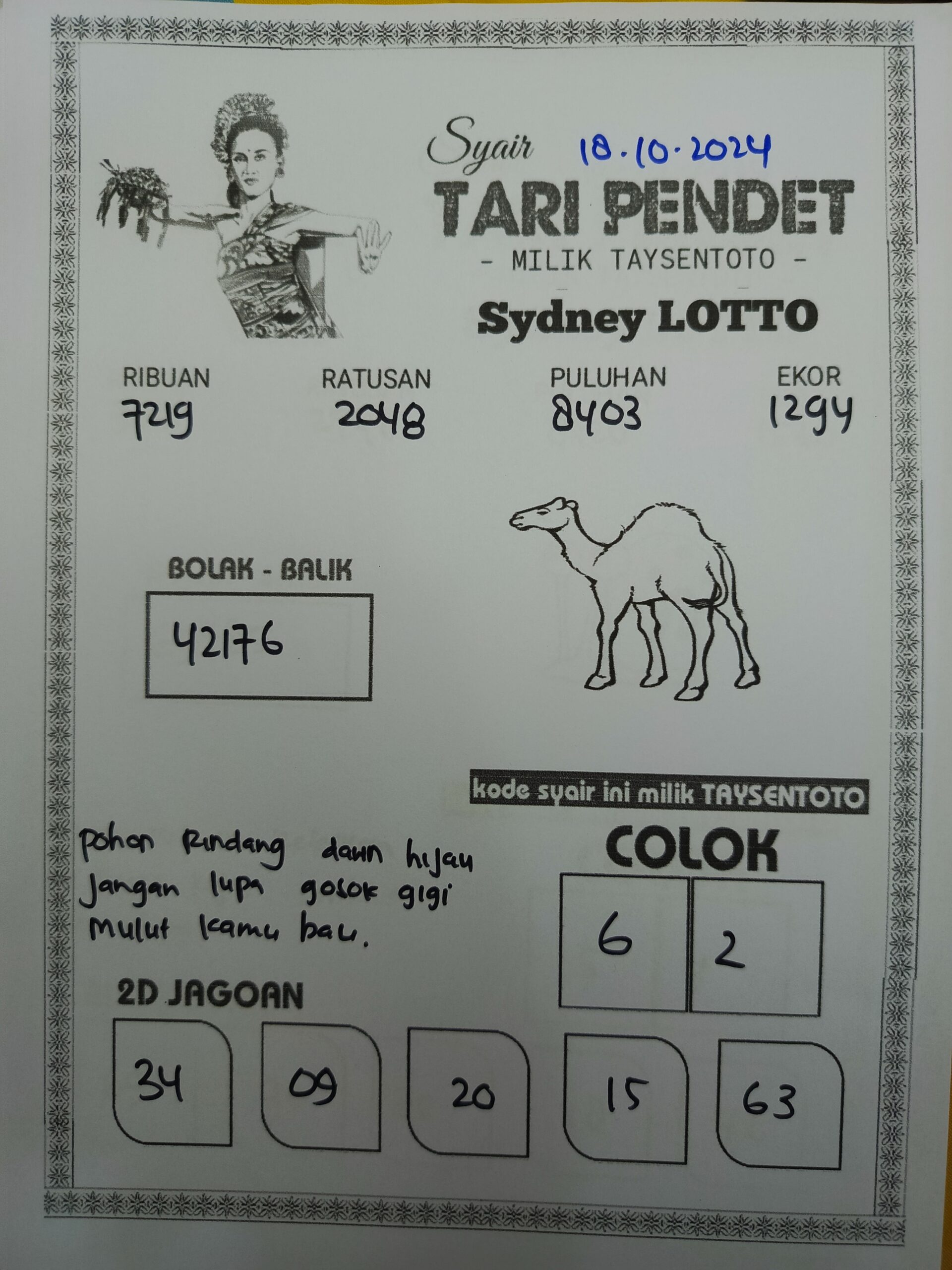 Syair Tari Pendet Sydney Hari ini Jumat, 18 Oktober 2024