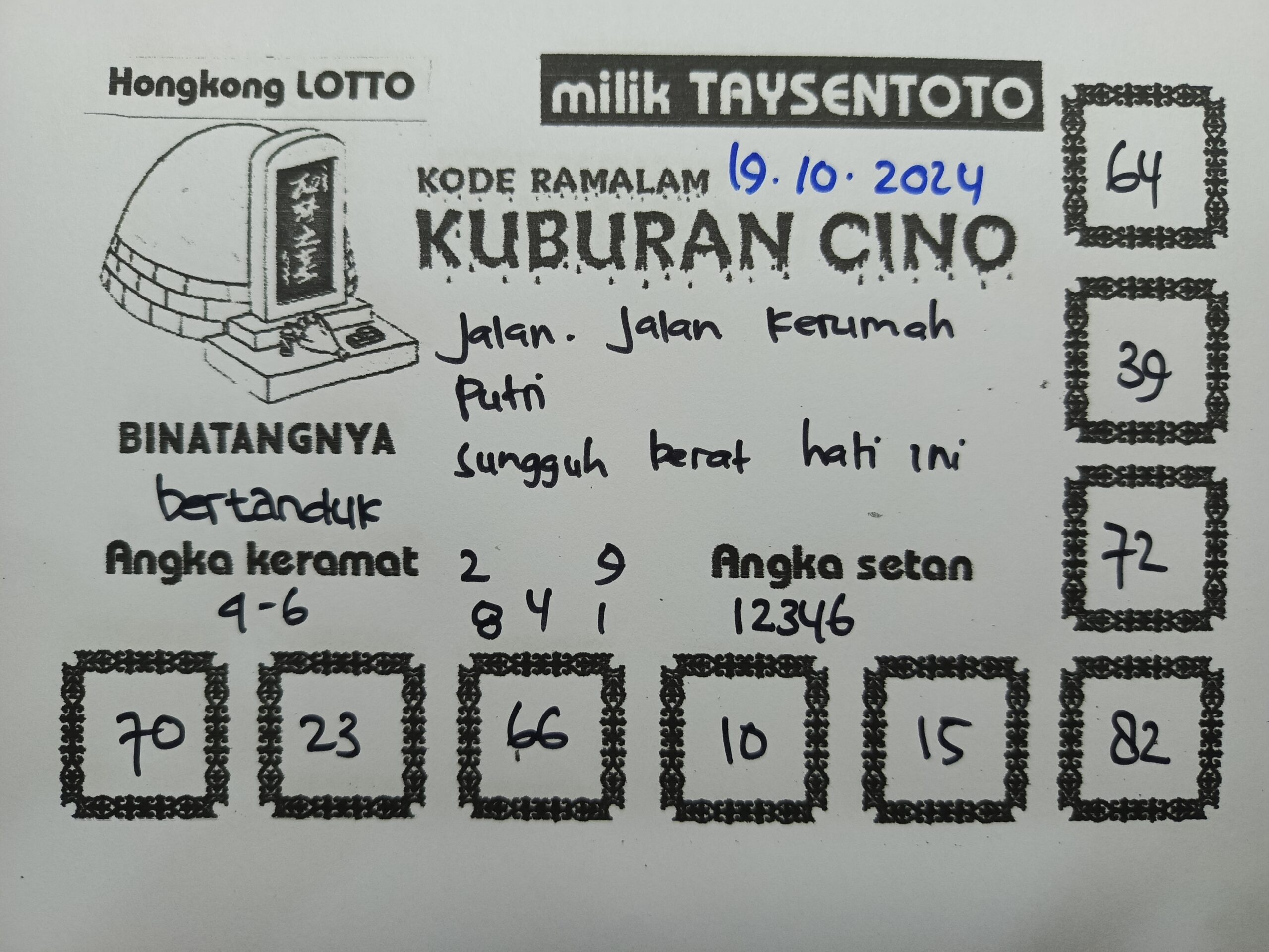 Syair Kuburan Cino HK Hari Ini Sabtu, 19 Oktober 2024