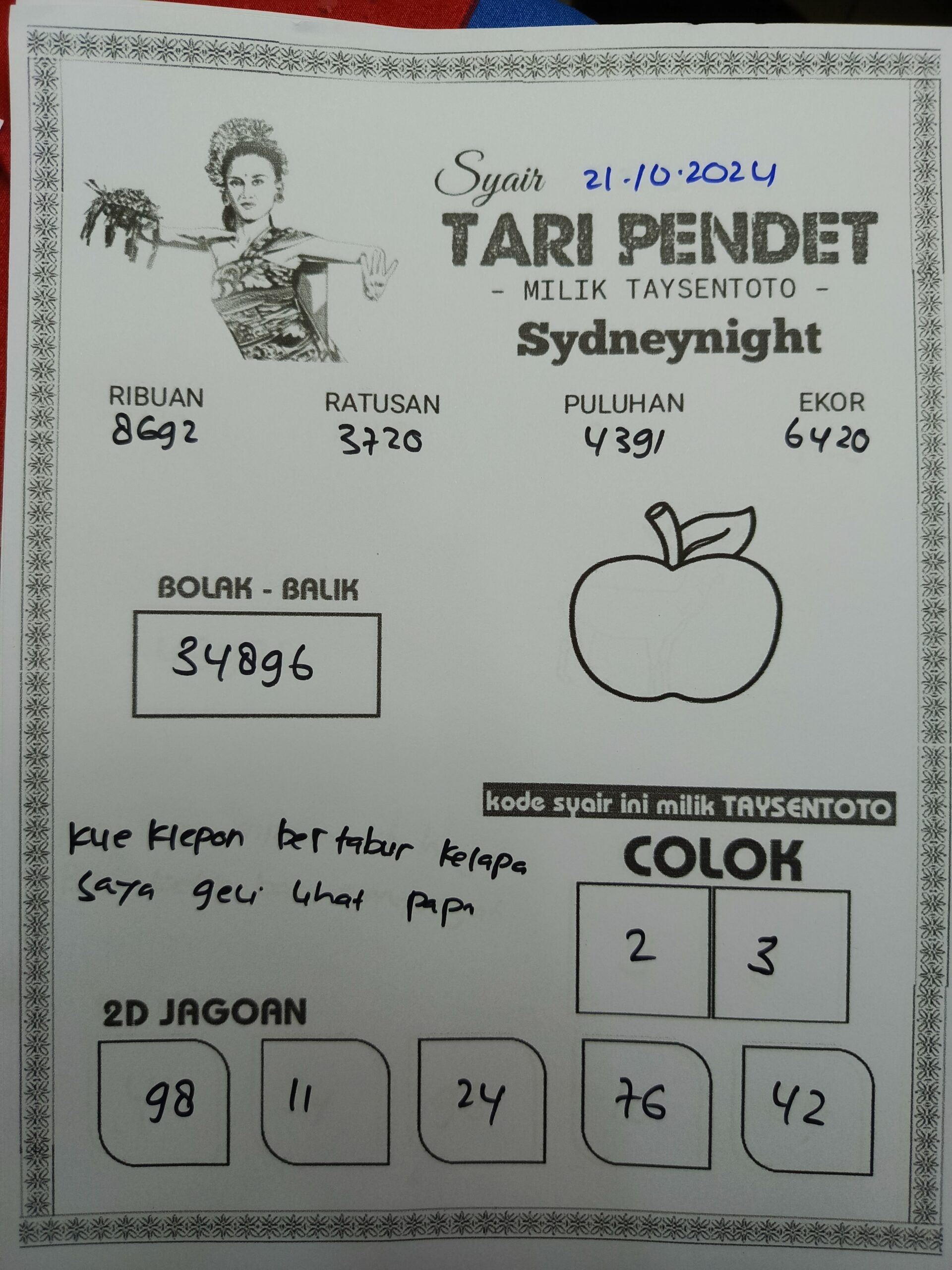 Syair ari Pendet SydneyNight Hari ini Senin, 21 Oktober 2024