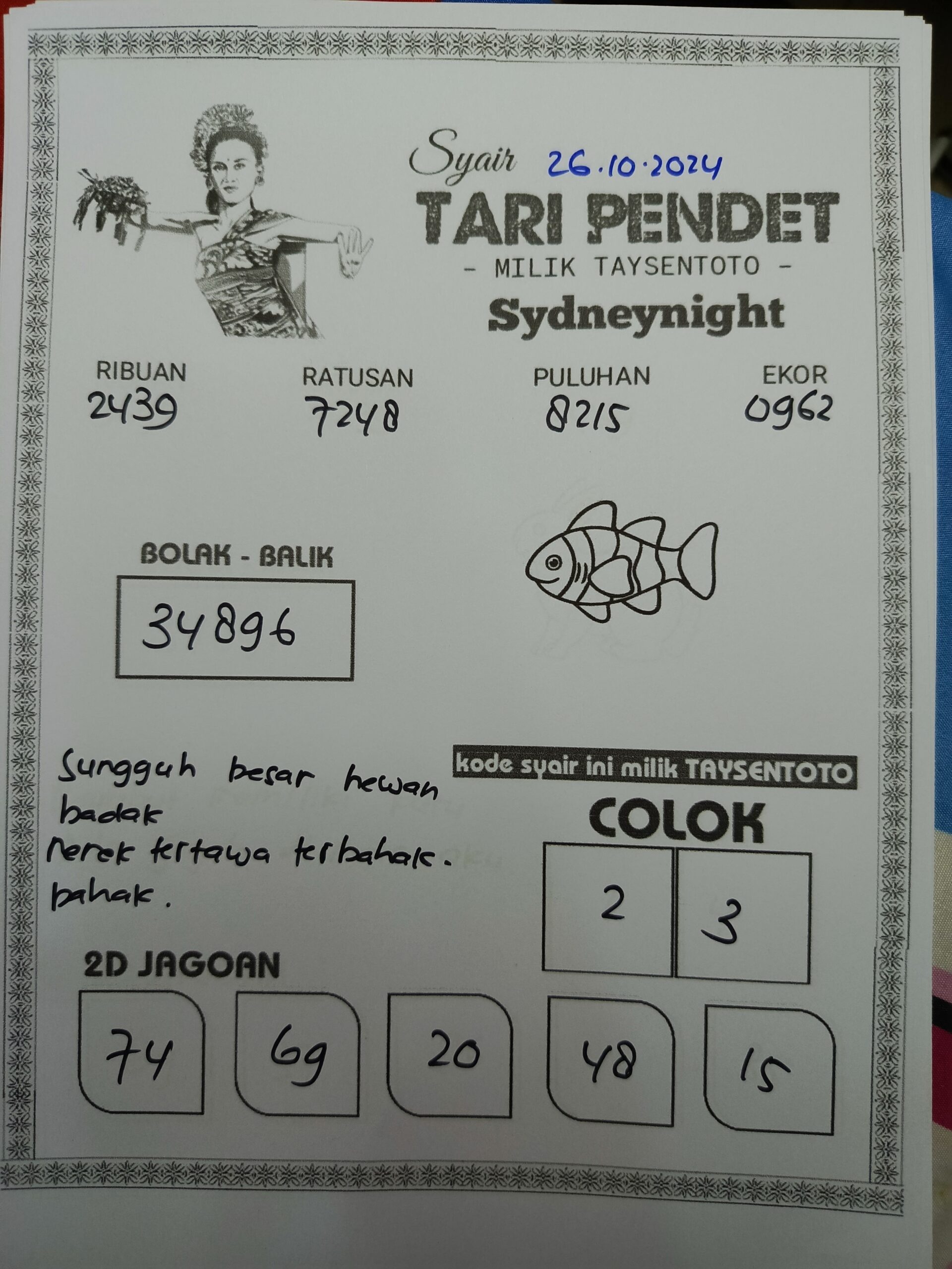 Syair Tari Pendet SydneyNight Hari ini Sabtu, 26 Oktober 2024