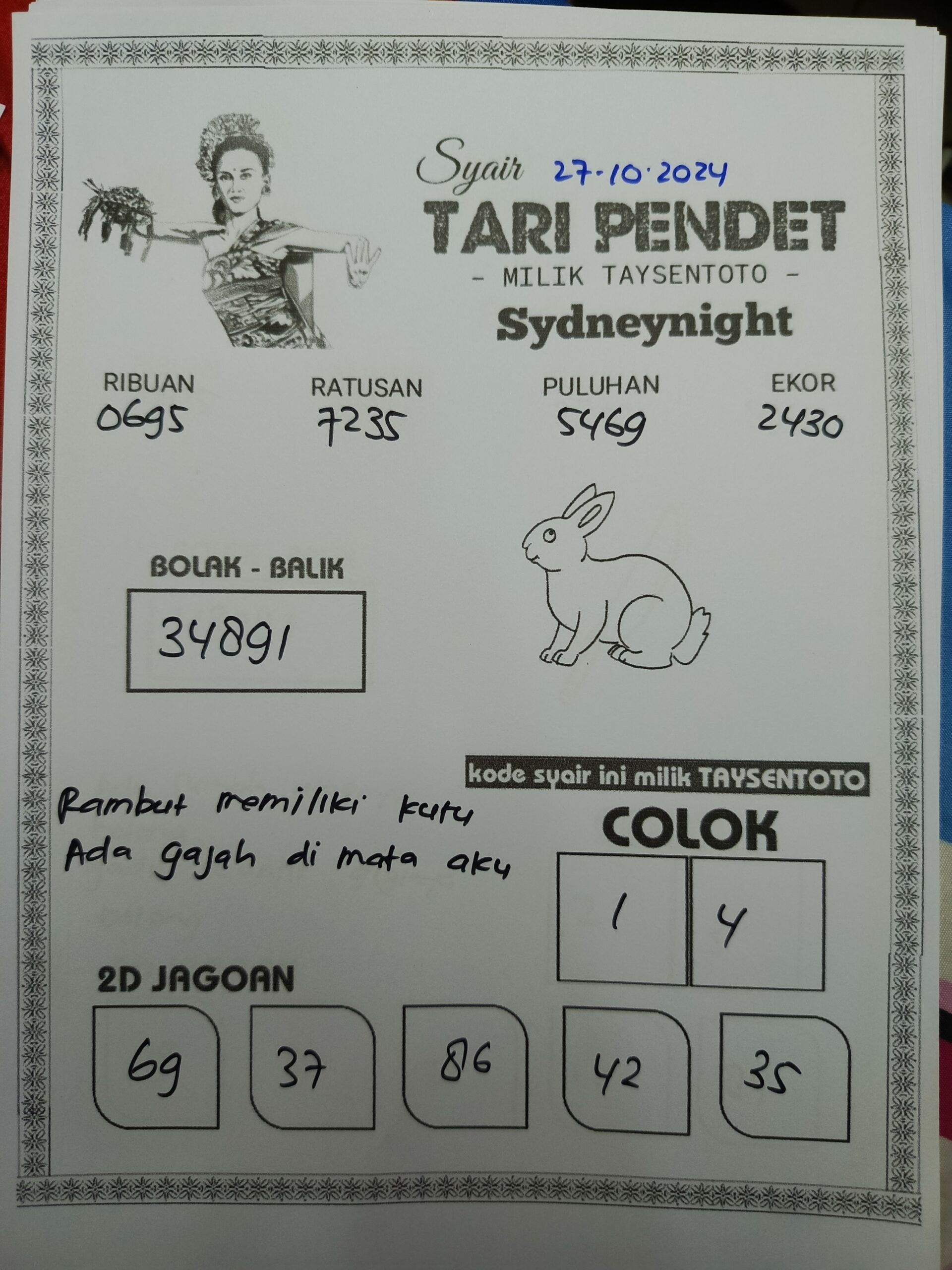 Syair Tari Pendet SydneyNight Hari ini Selasa, 29 Oktober 2024