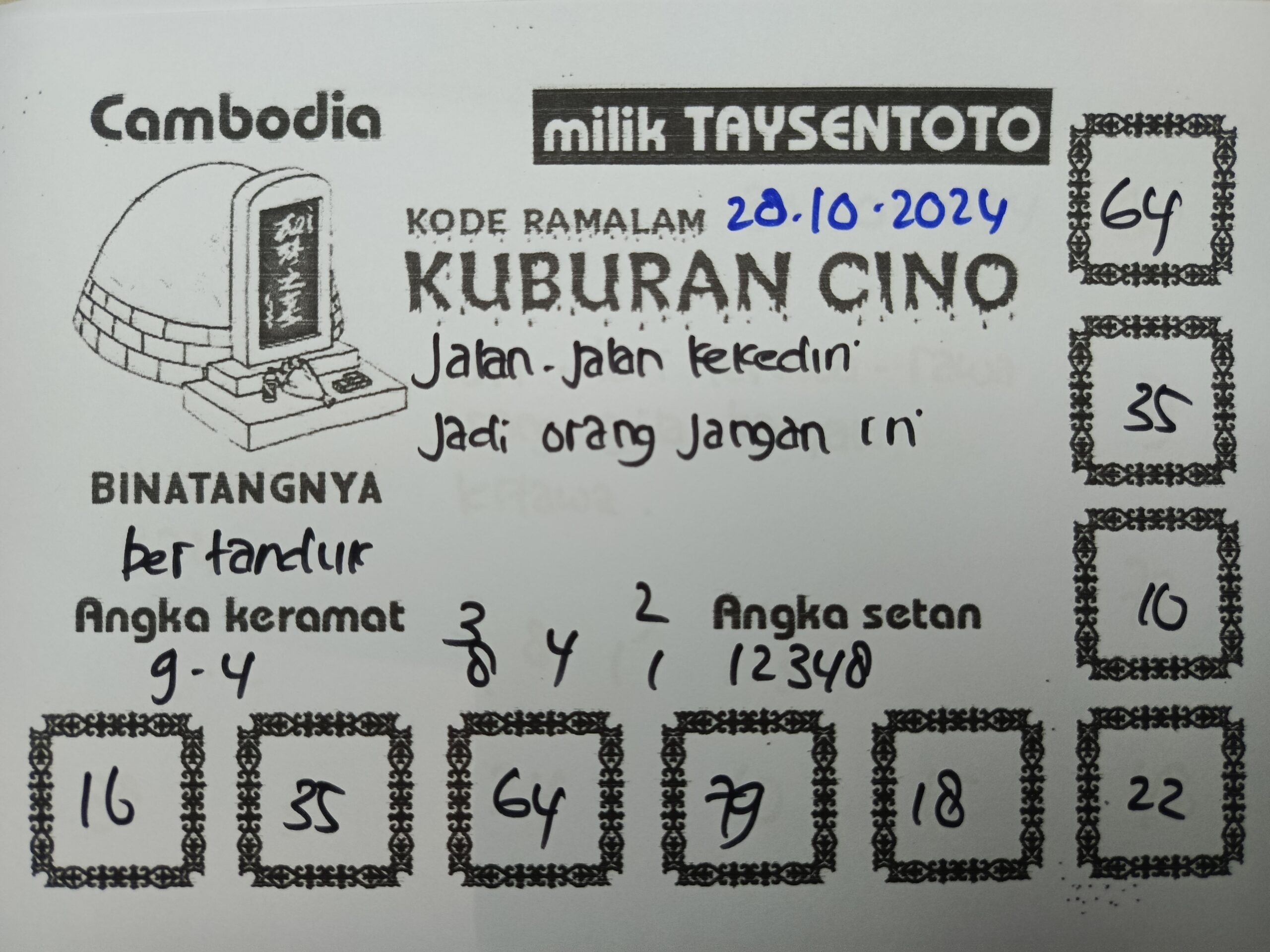 Syair Kuburan Cino Cambodia Hari Ini Senin, 28 Oktober 2024