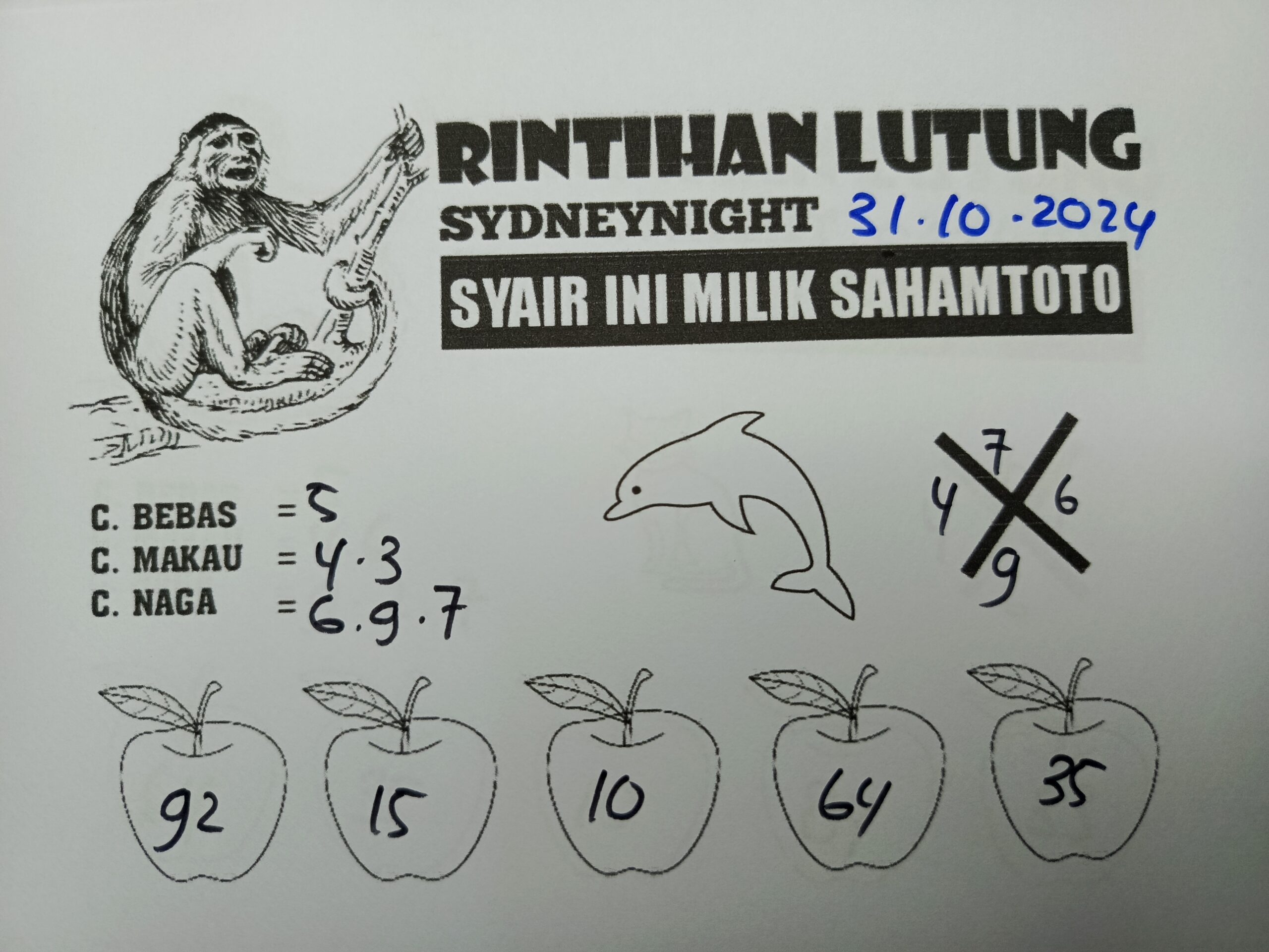 Syair Rintihan Lutung Sydney Night hari ini Kamis 31 oktober 2024