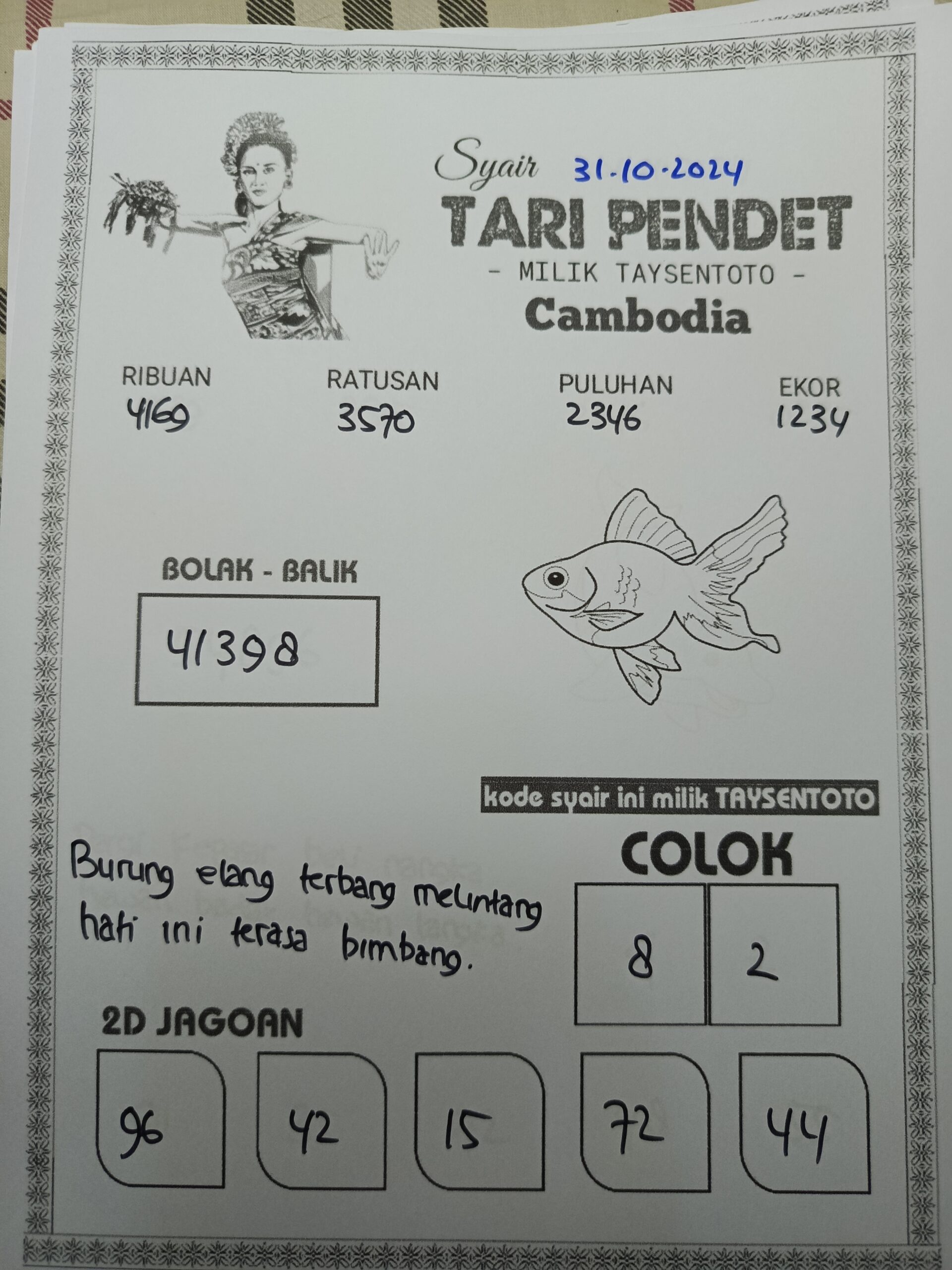 Syair Tari Pendet Cambodia Hari Ini Rabu, 31 Oktober 2024