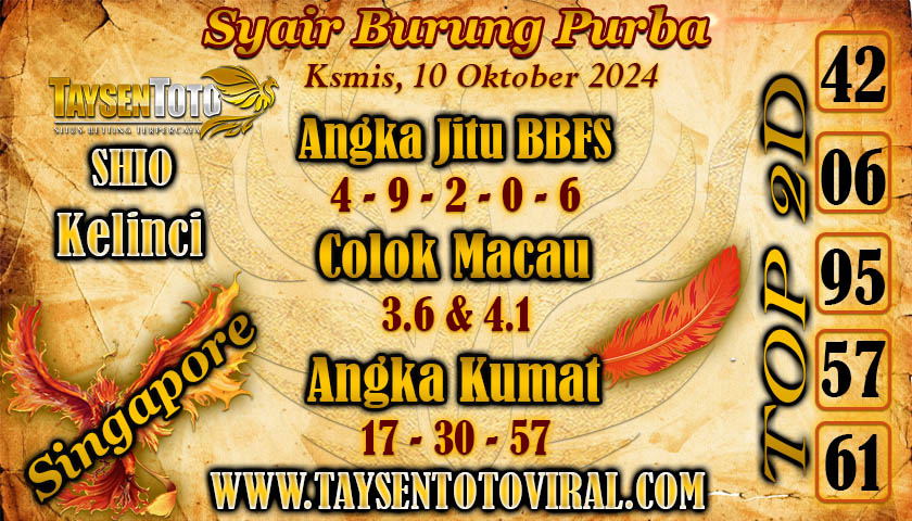 Syair Burung Purba SGP Hari ini Kamis, 10 Oktober 2024