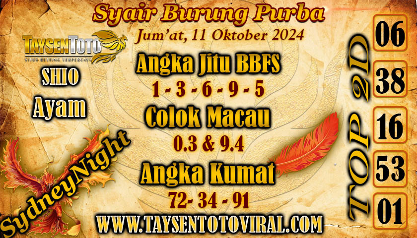 Syair Burung Purba SydneyNight Hari ini Jum'at, 11 Oktober 2024