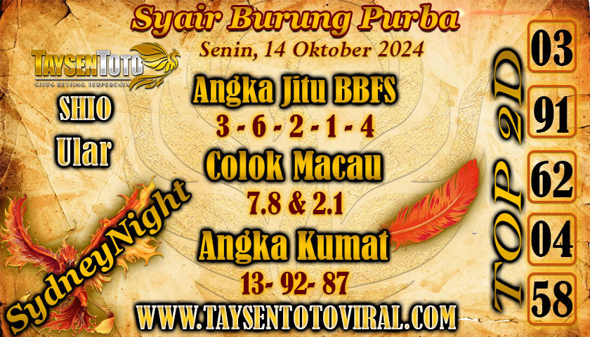 Syair Burung Purba SydneyNight Hari ini Senin, 14 Oktober 2024