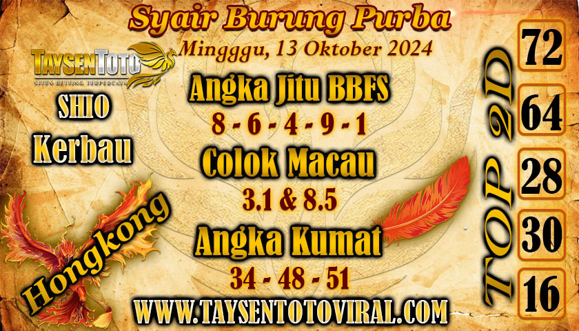 Syair Burung Purba HK Hari ini Minggu, 13 Oktober 2024