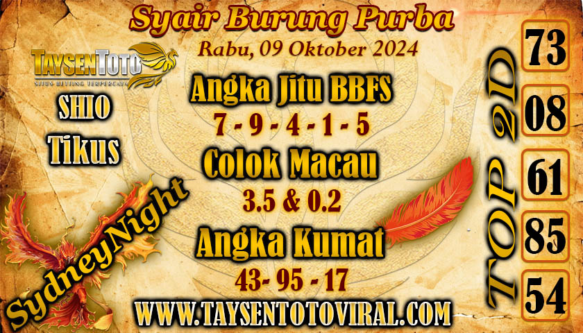 Syair Burung Purba SydneyNight Hari ini Rabu, 09 Oktober 2024