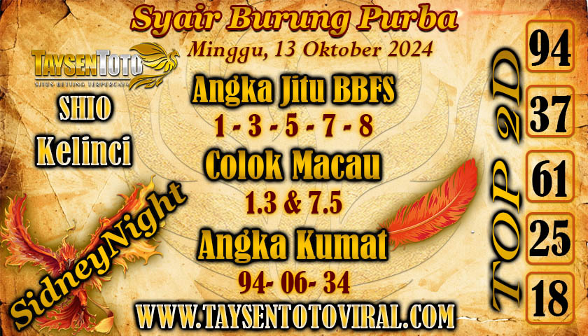 Syair Burung Purba SydneyNight Hari ini Minggu, 13 Oktober 2024