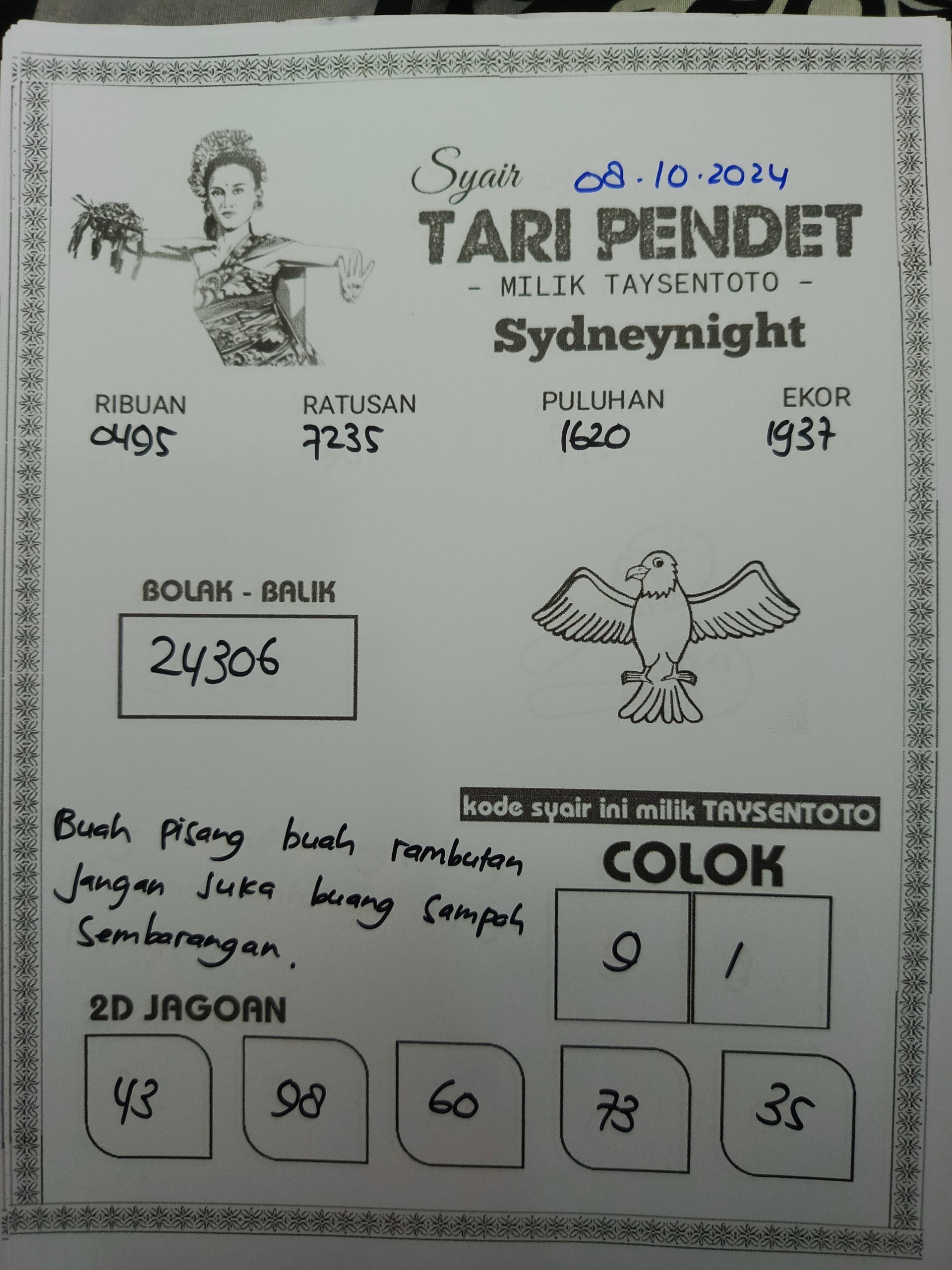 Syair Tari Pendet SydneyNight Hari ini Selasa, 09 Oktober 2024