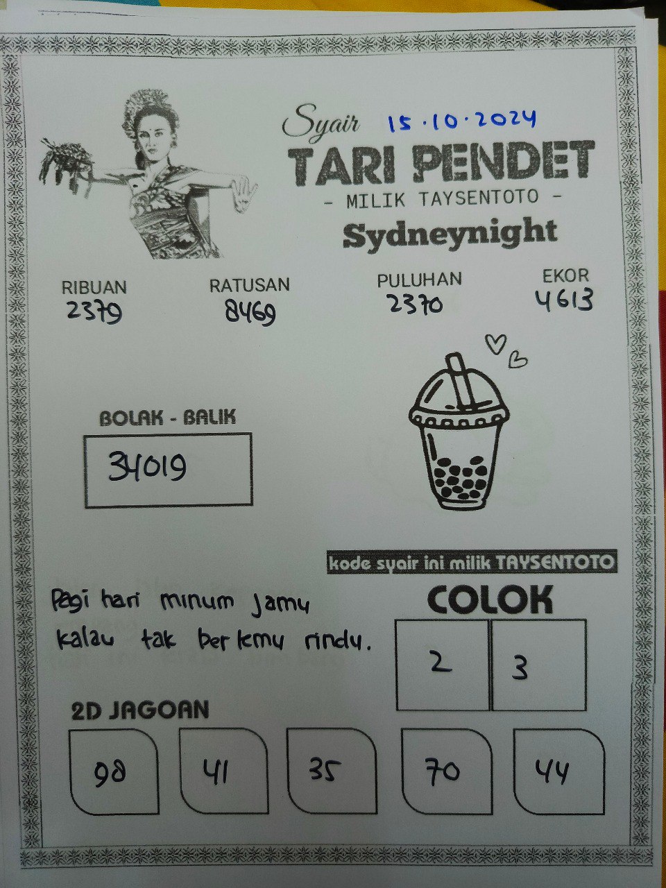 Syair Tari Pendet SydneyNight Hari ini Selasa, 15 Oktober 2024