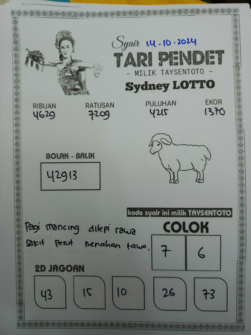 Syair Tari Pendet Sydney Hari ini Senin, 14 Oktober 2024