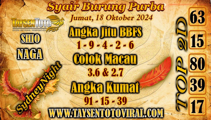 Syair Burung Purba SydneyNight Hari ini Jumat, 18 Oktober 2024