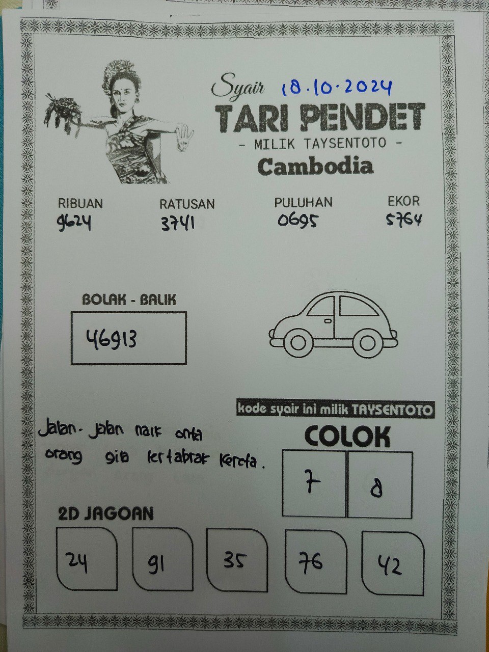 Syair Tari Pendet Cambodia Hari Ini Jumat, 18 Oktober 2024