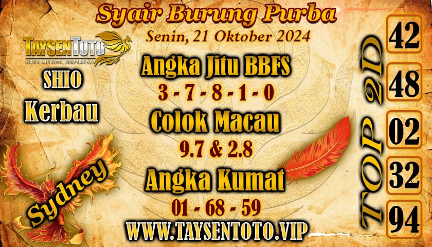 Syair Burung Purba Sydney Hari ini Senin, 21 Oktober 2024