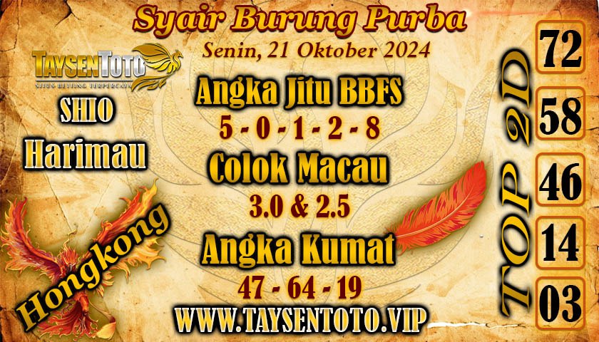 Syair Burung Purba HK Hari Senin, 21 Oktober 2024