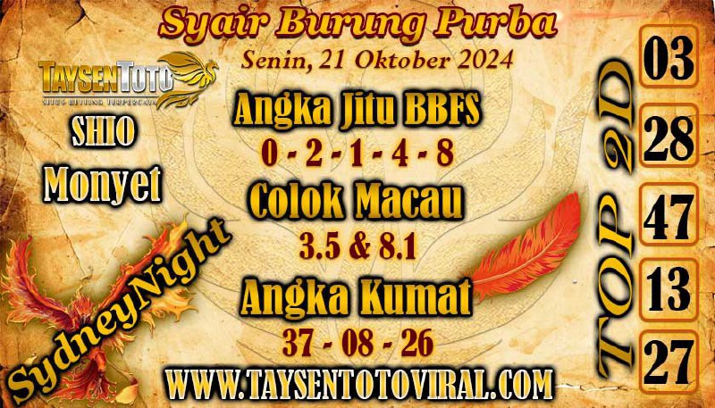 Syair Burung Purba SydneyNight Hari ini Senin, 21 Oktober 2024