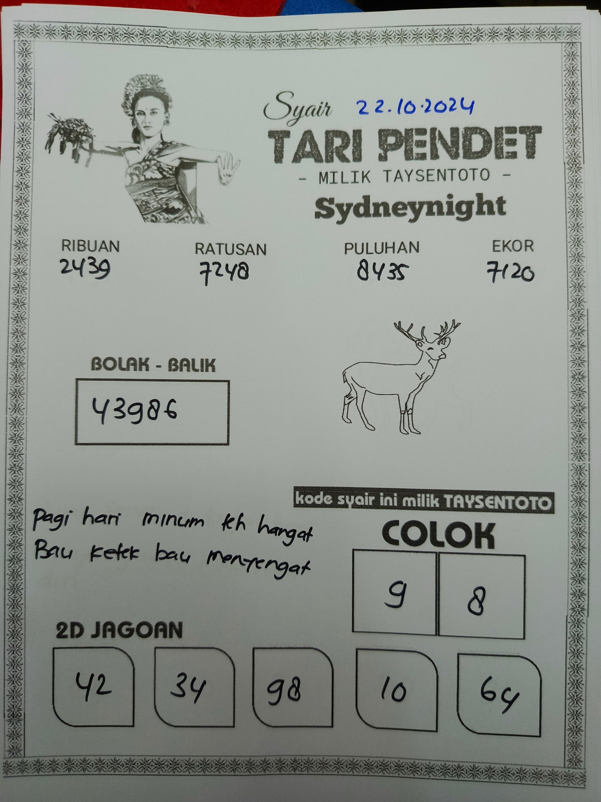 Syair Tari Pendet SydneyNight Hari ini Selasa, 22 Oktober 2024