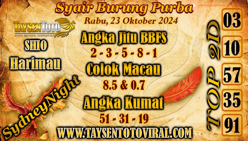 Syair Burung Purba SydneyNight Hari ini Rabu, 23 Oktober 2024