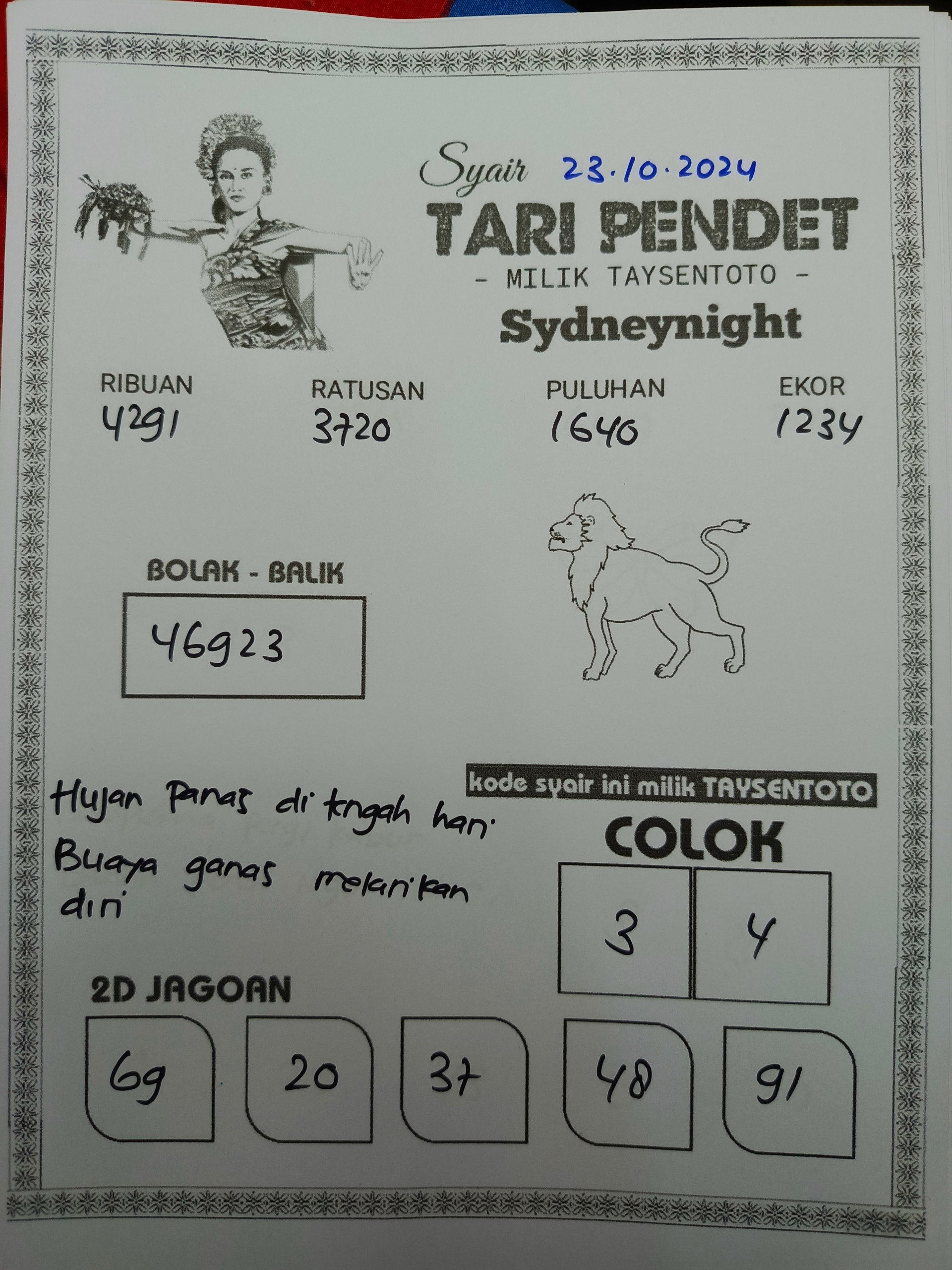 Syair Tari Pendet SydneyNight Hari ini Rabu, 23 Oktober 2024