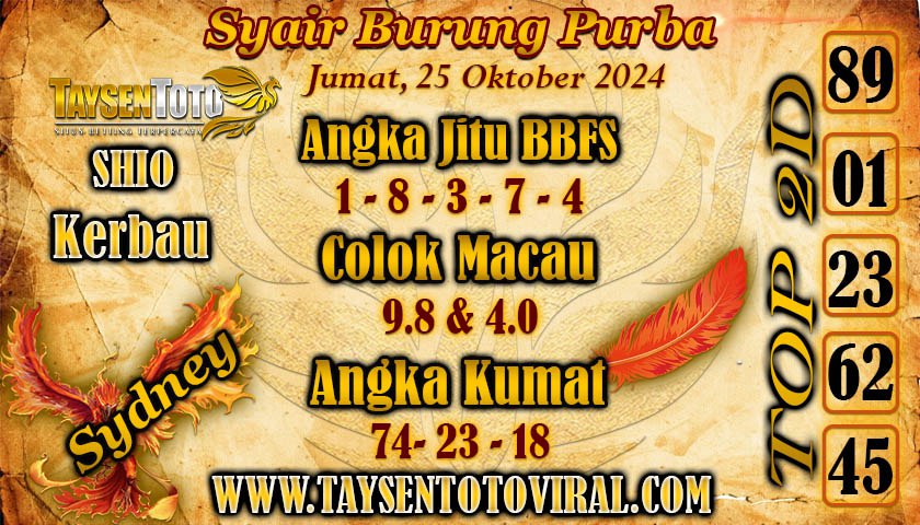 Syair Burung Purba Sydney Hari ini Jumat, 25 Oktober 2024