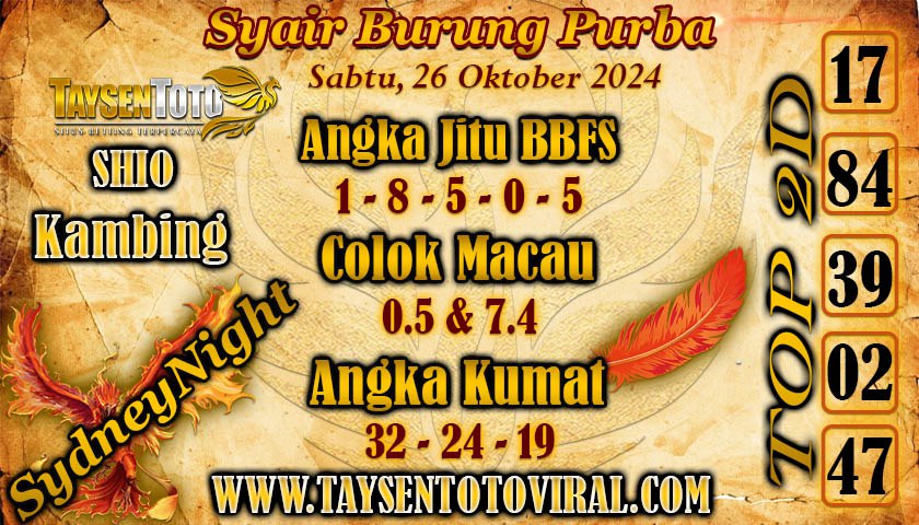 Syair Burung Purba SydneyNight Hari ini Sabtu, 26 Oktober 2024