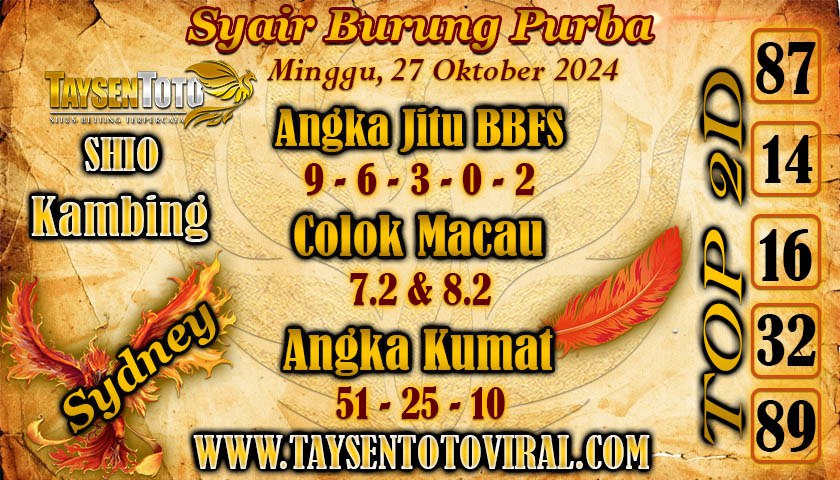 Syair Burung Purba Sydney Hari ini Minggu, 27 Oktober 2024