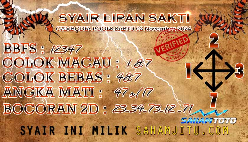 Syair Lipan Sakti Cambodia hari ini Sabtu 02 November 2024