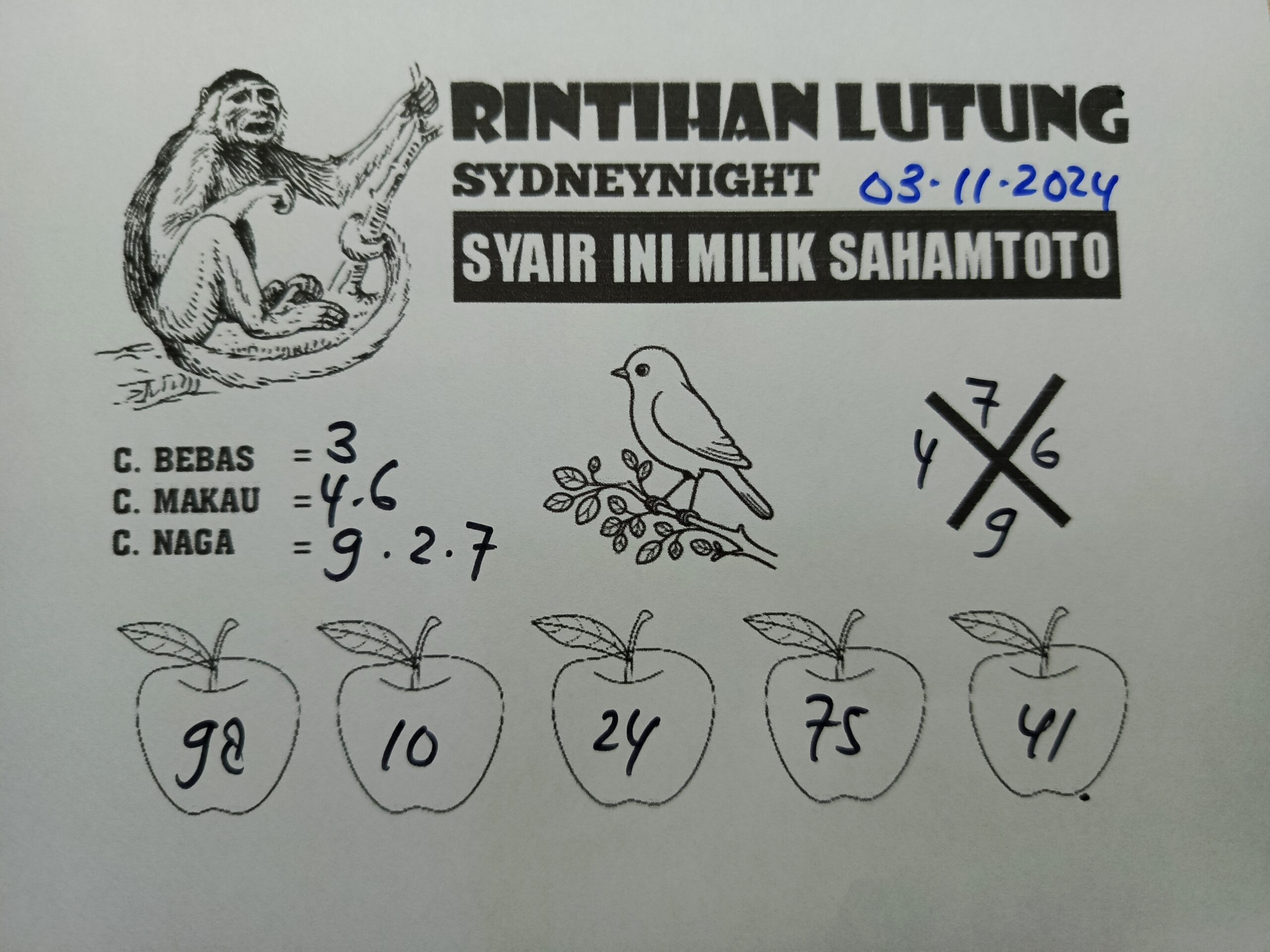 Syair Rintihan Lutung Sydney Night hari ini Minggu 03 November 2024