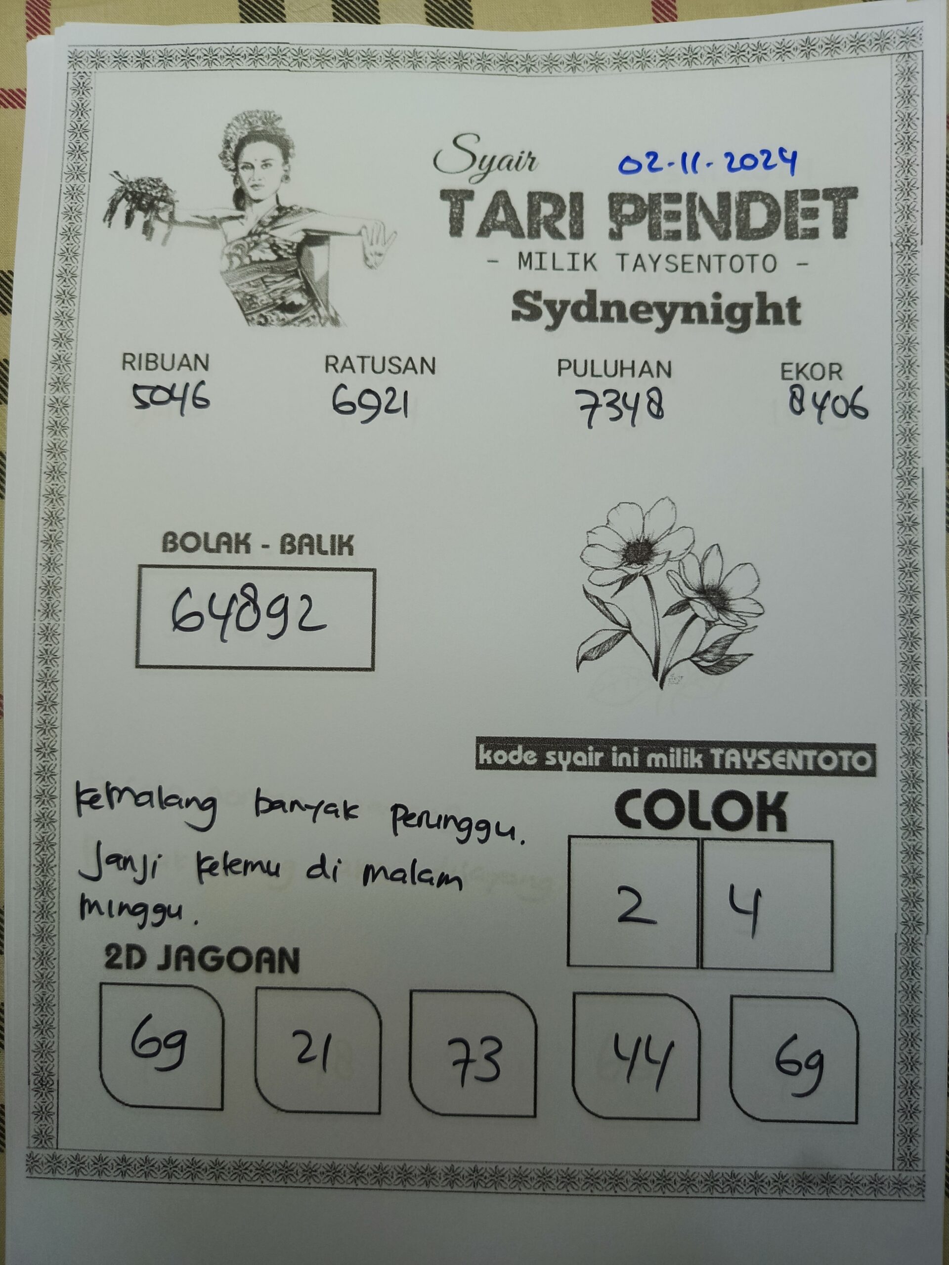 Syair Tari Pendet SydneyNight Hari ini Sabtu, 02 November 2024