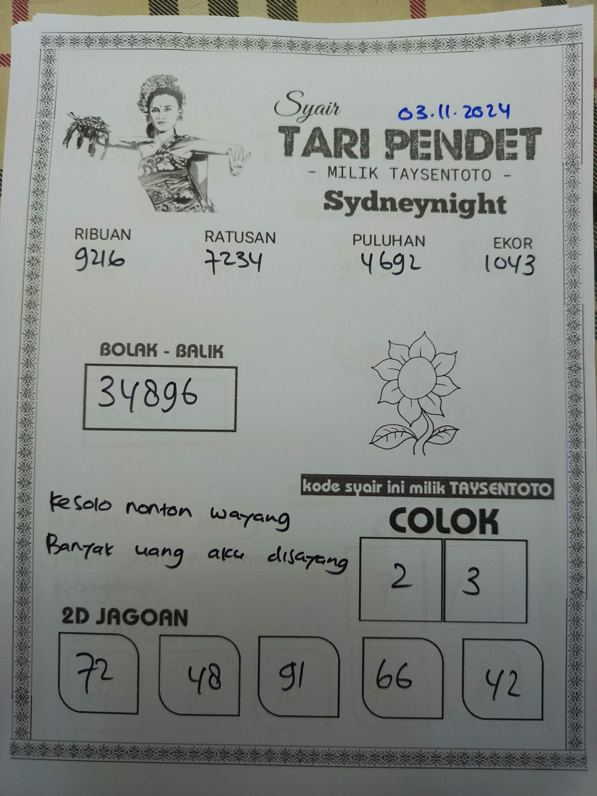 Syair Tari Pendet SydneyNight Hari ini Minggu, 03 November 2024