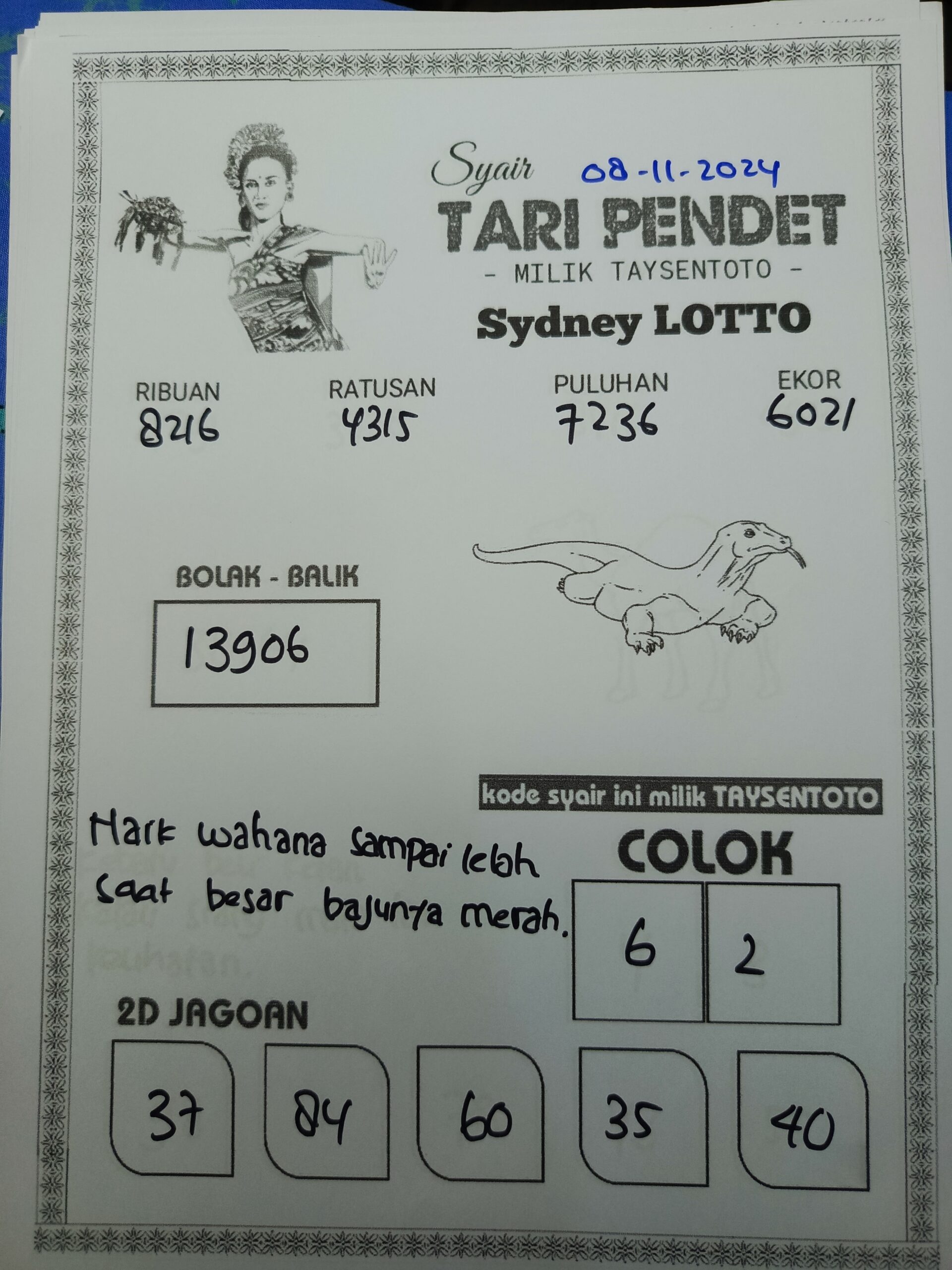 Syair Tari Pendet Sydney Hari ini Jumat, 08 November  2024