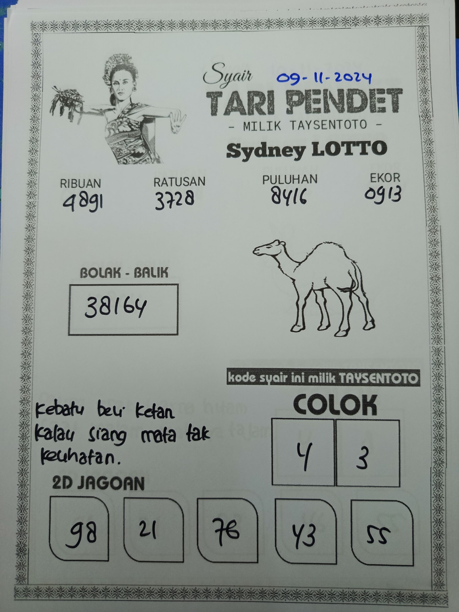 Syair Tari Pendet Sydney Hari ini Sabtu, 09 November  2024