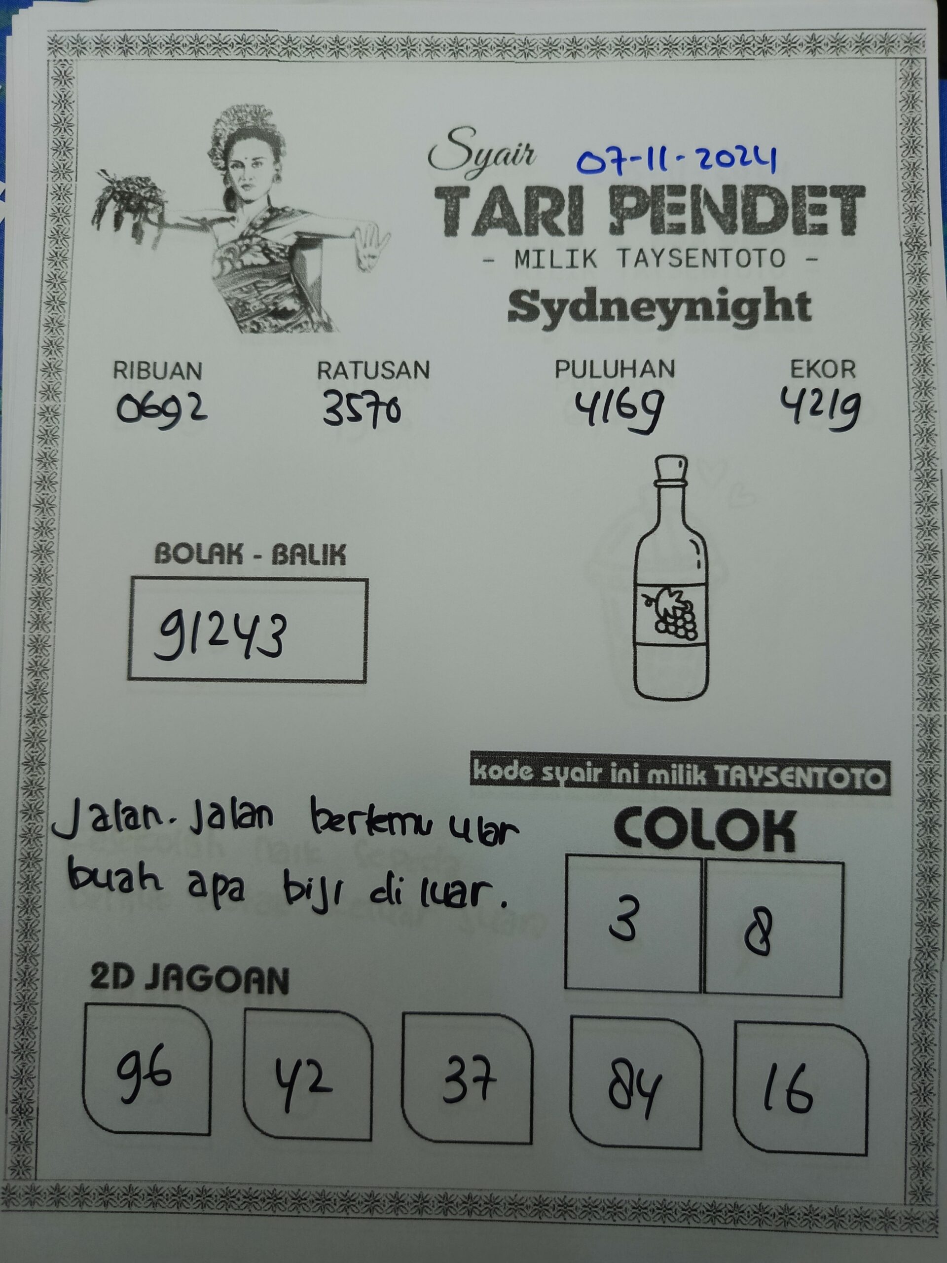 Syair Tari Pendet SydneyNight Hari ini kamis, 07 November 2024