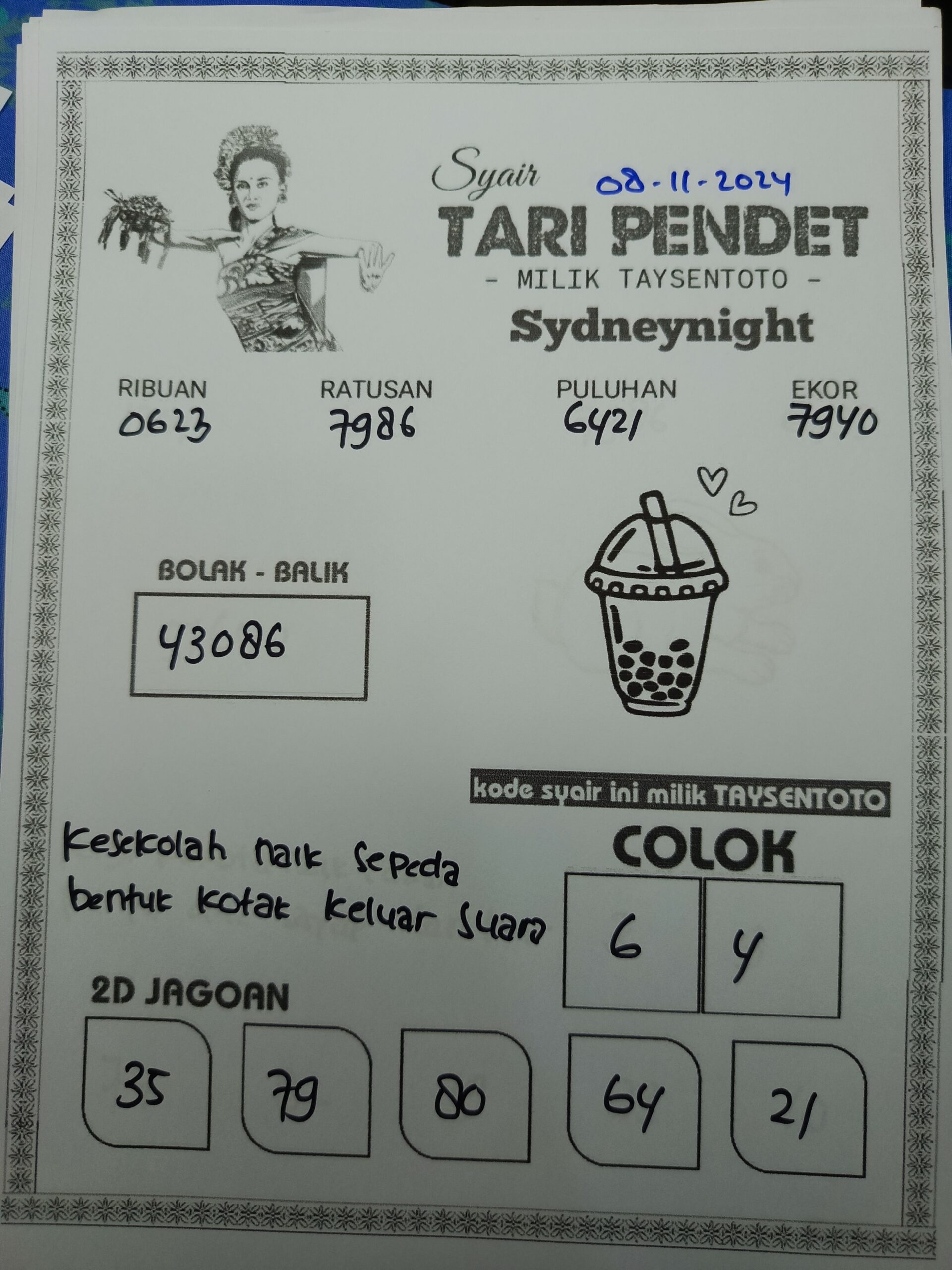 Syair Tari Pendet SydneyNight Hari ini Jumat, 08 November 2024