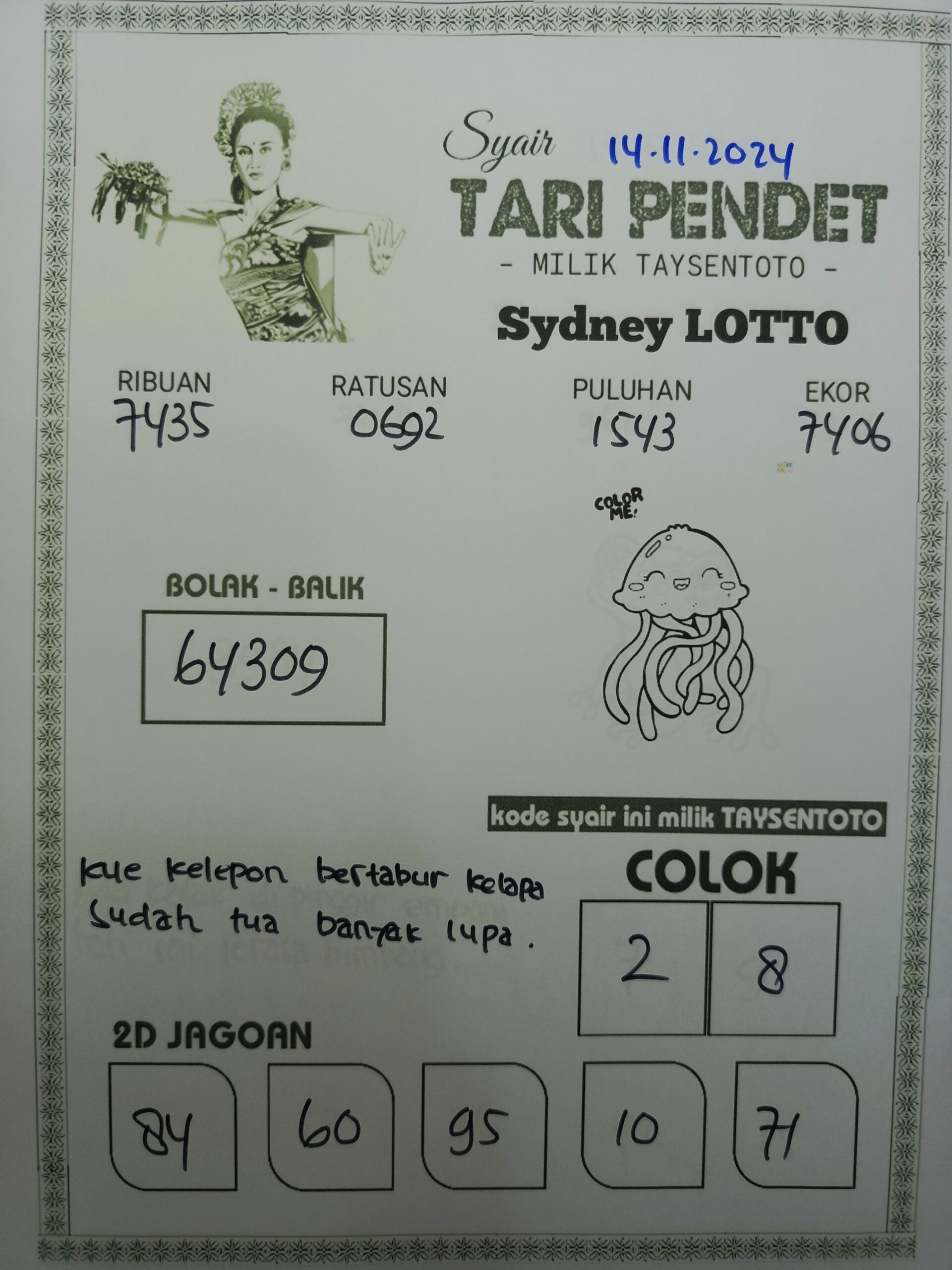 Syair Tari Pendet Sydney Hari ini Kamis, 14 November 2024