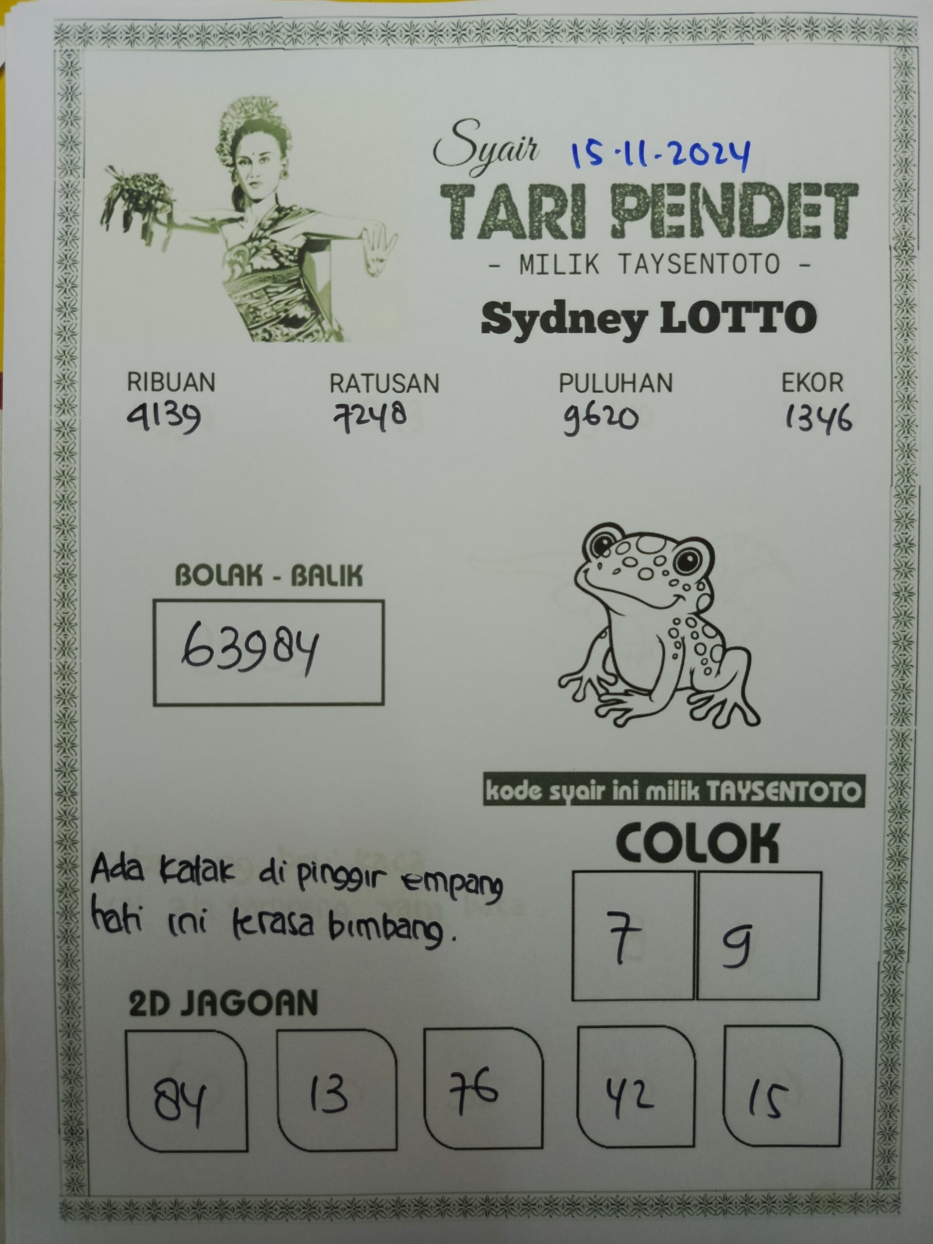 Syair Tari Pendet Sydney Hari ini Jumat, 15 November 2024