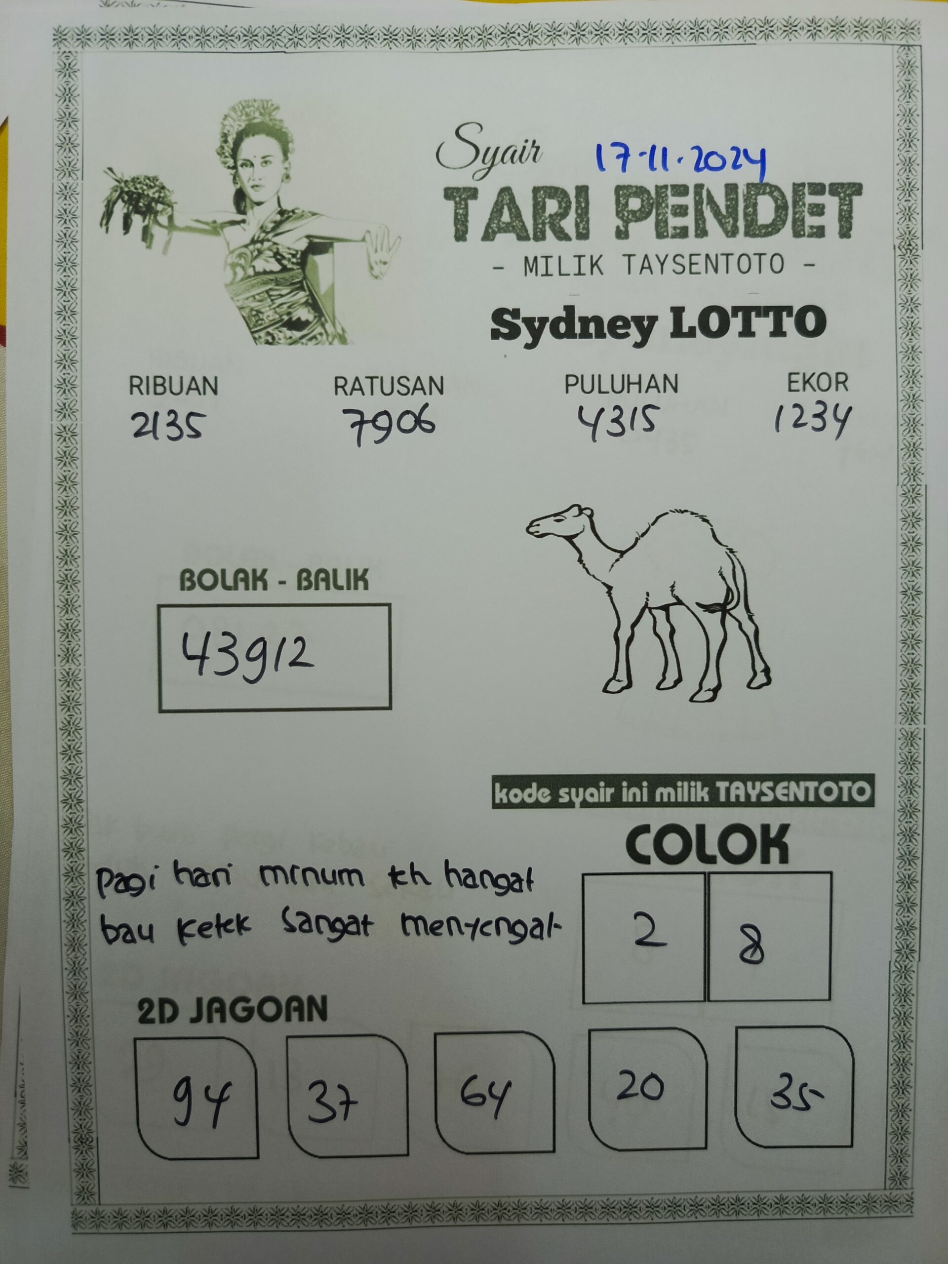 Syair Tari Pendet Sydney Hari ini Minggu, 17 November 2024