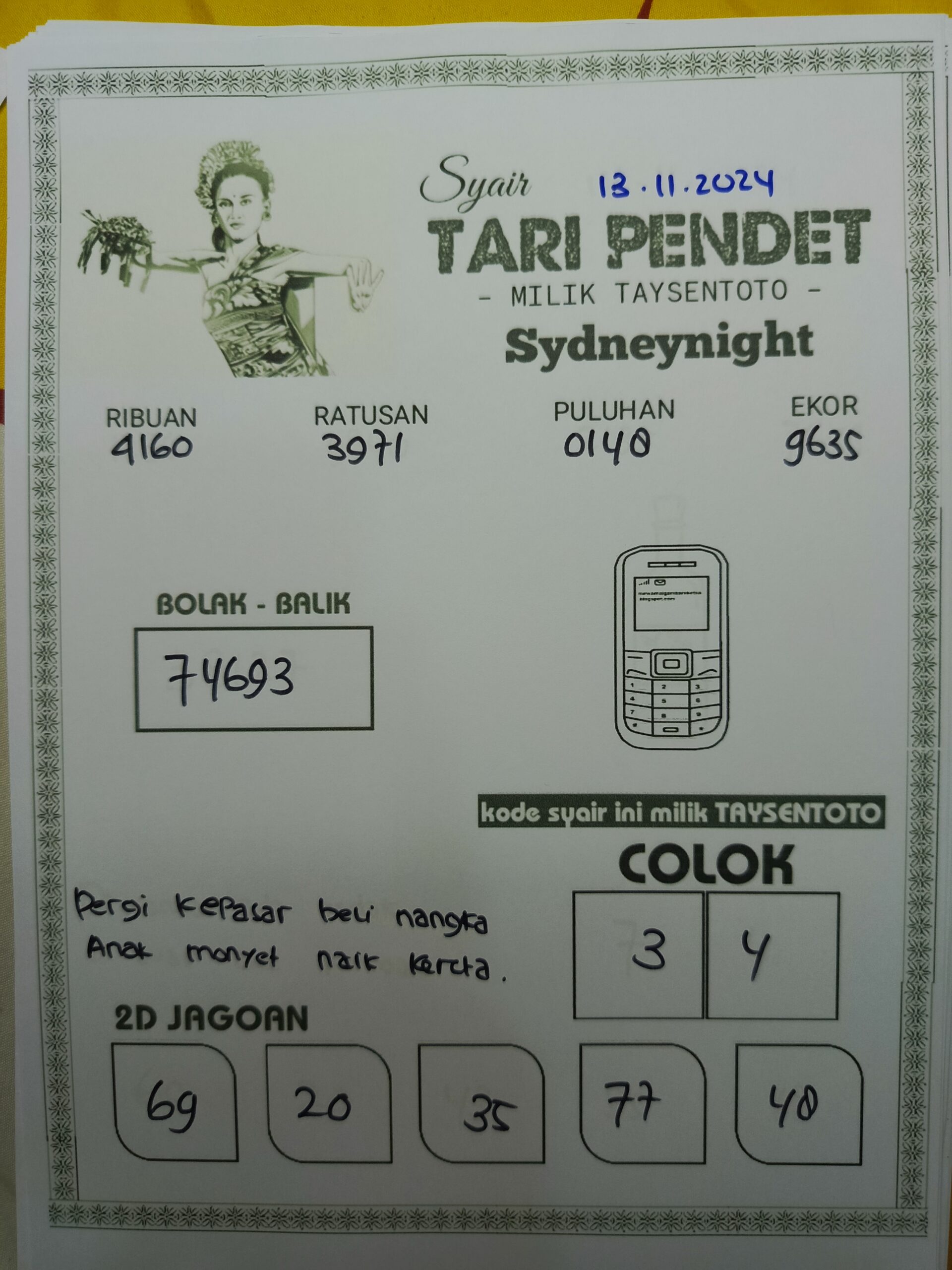 Syair Tari Pendet SydneyNight Hari ini Rabu, 13 November 2024