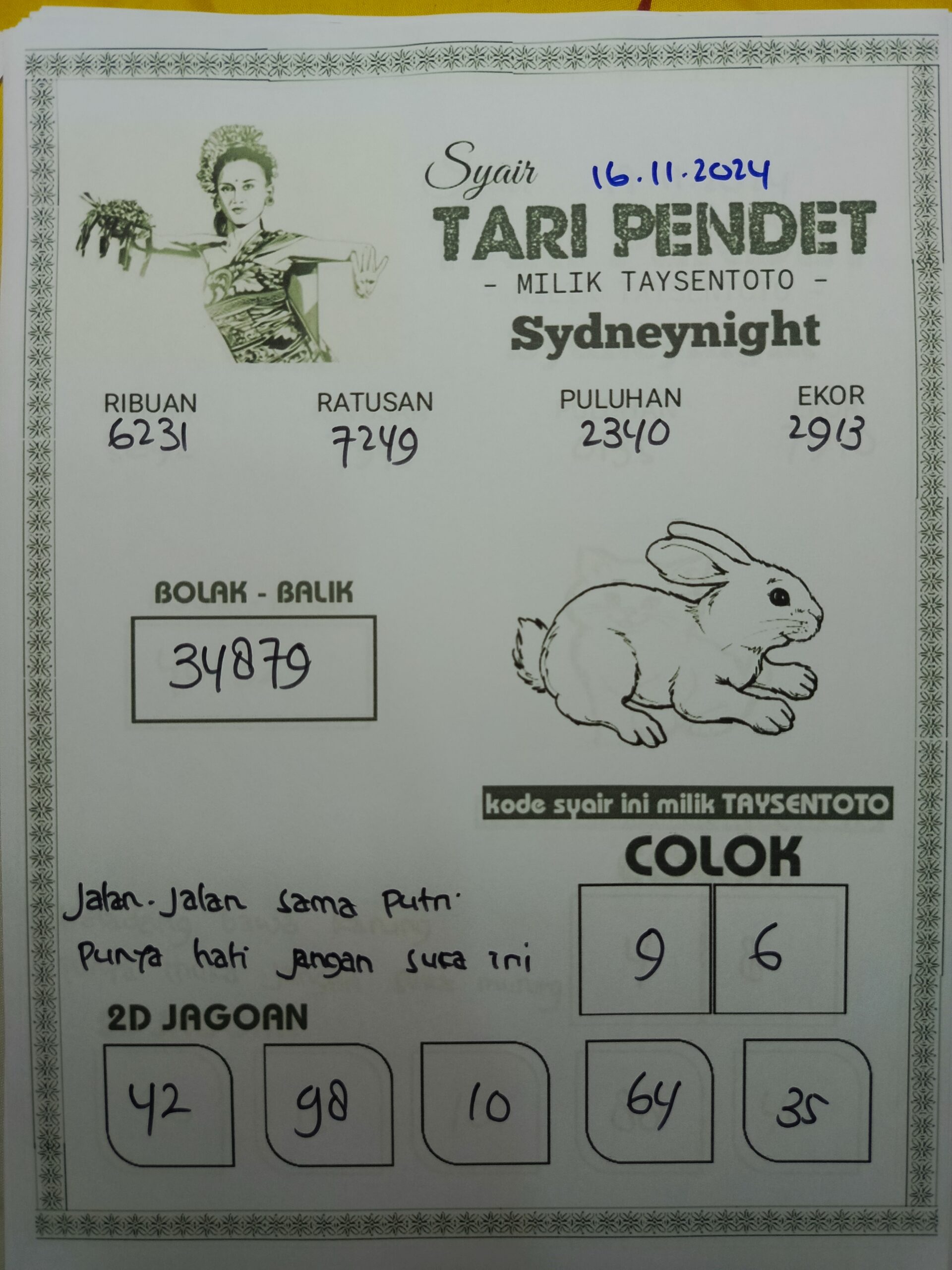 Syair Tari Pendet SydneyNight Hari ini Sabtu, 16 November 2024