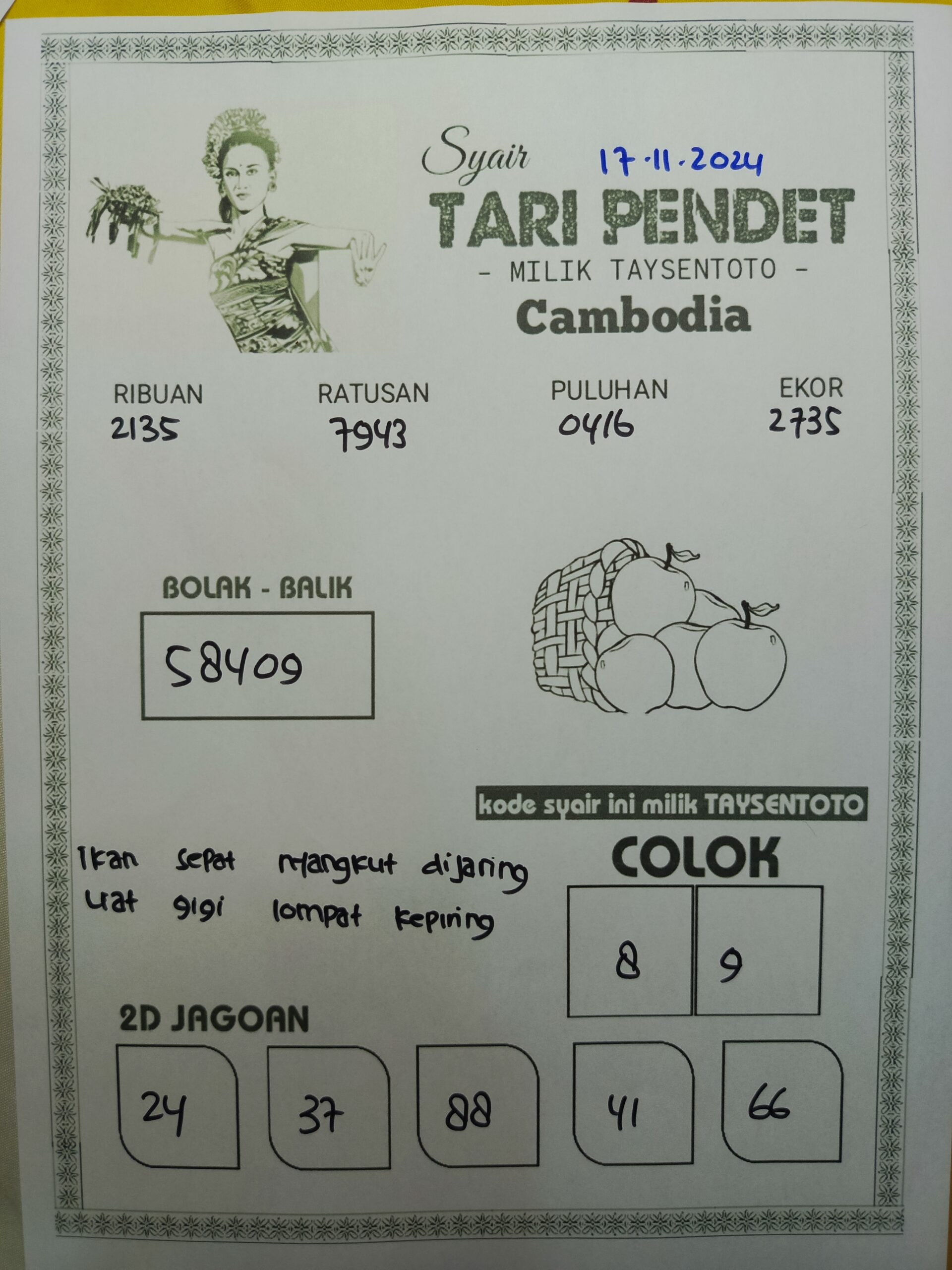 Syair Tari Pendet Cambodia Hari Ini Minggu, 17 November 2024