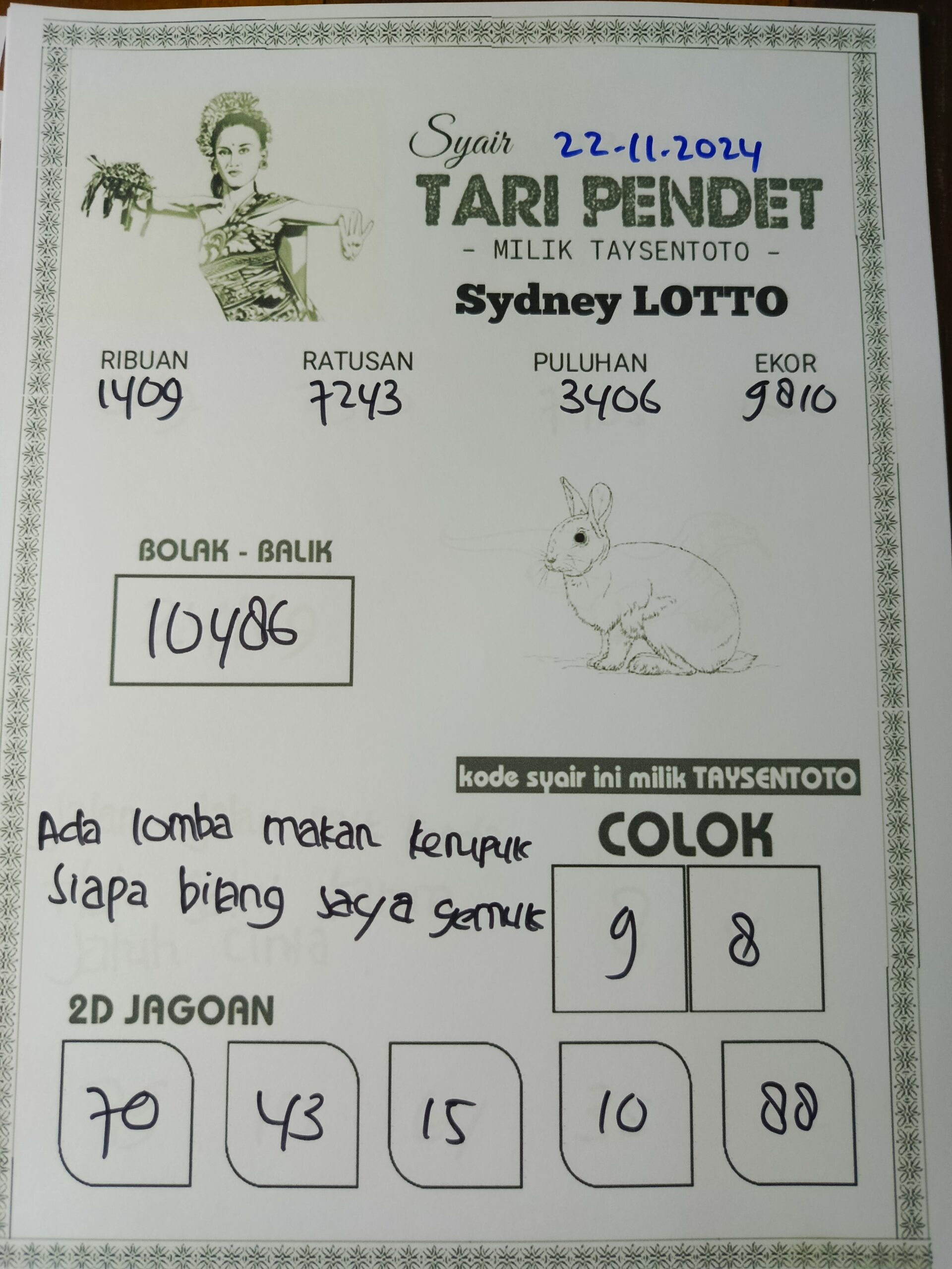 Syair Tari Pendet Sydney Hari ini Jumat, 22 November 2024