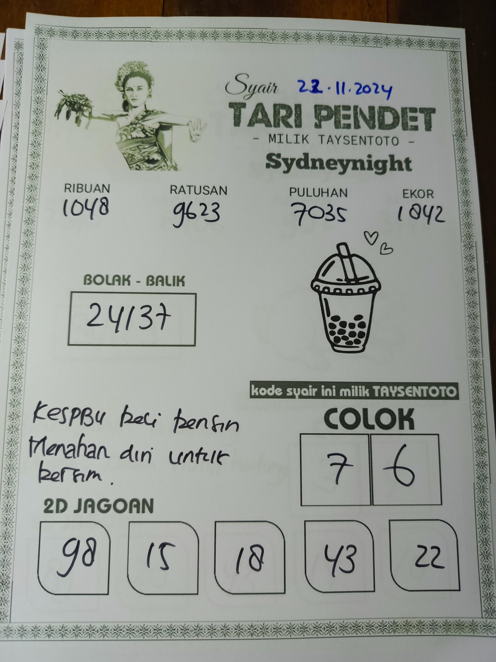 Syair Tari Pendet SydneyNight Hari ini Jumat, 22 November 2024