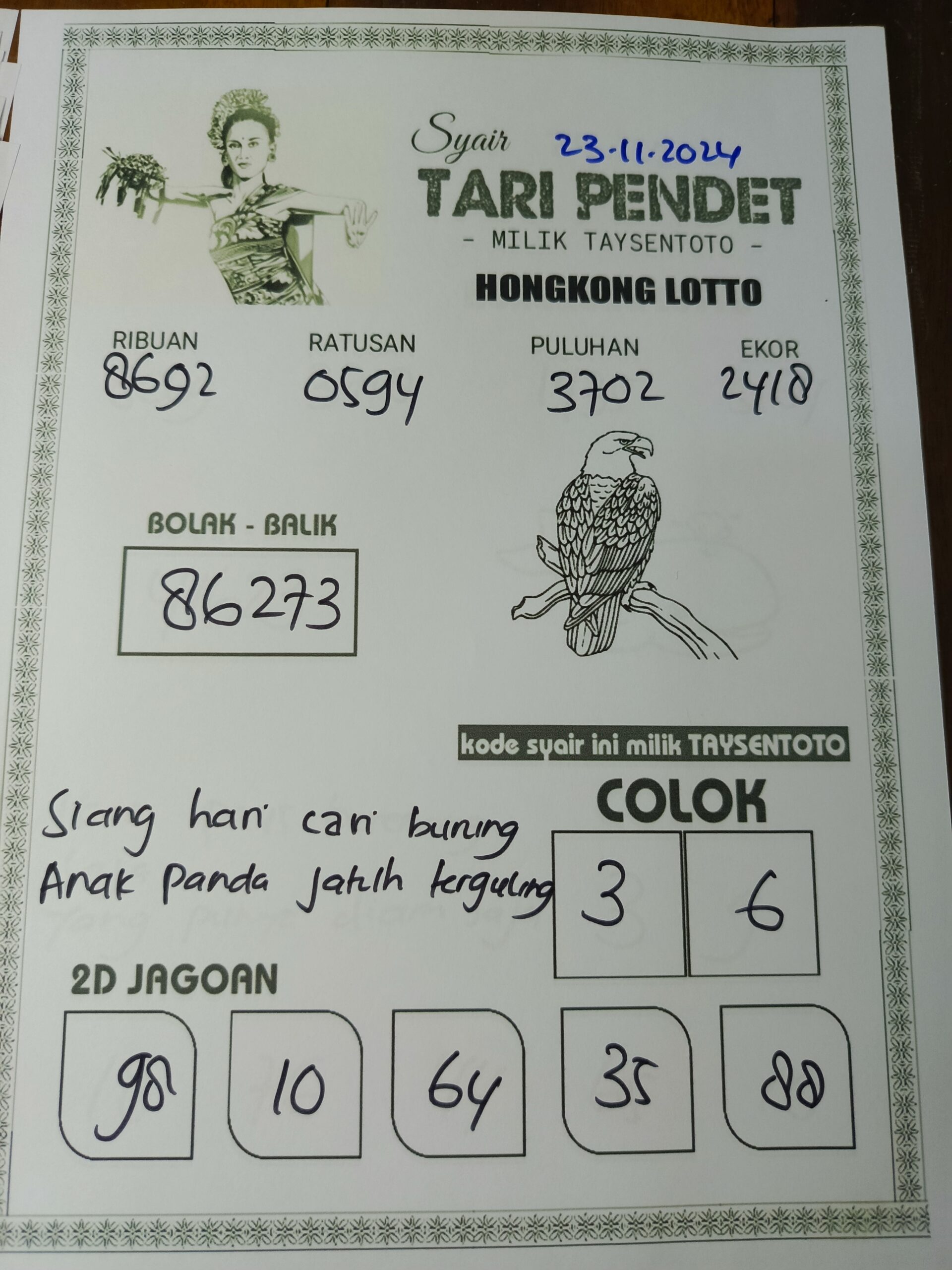 Syair Tari Pendet HK Hari Sabtu, 23 November 2024