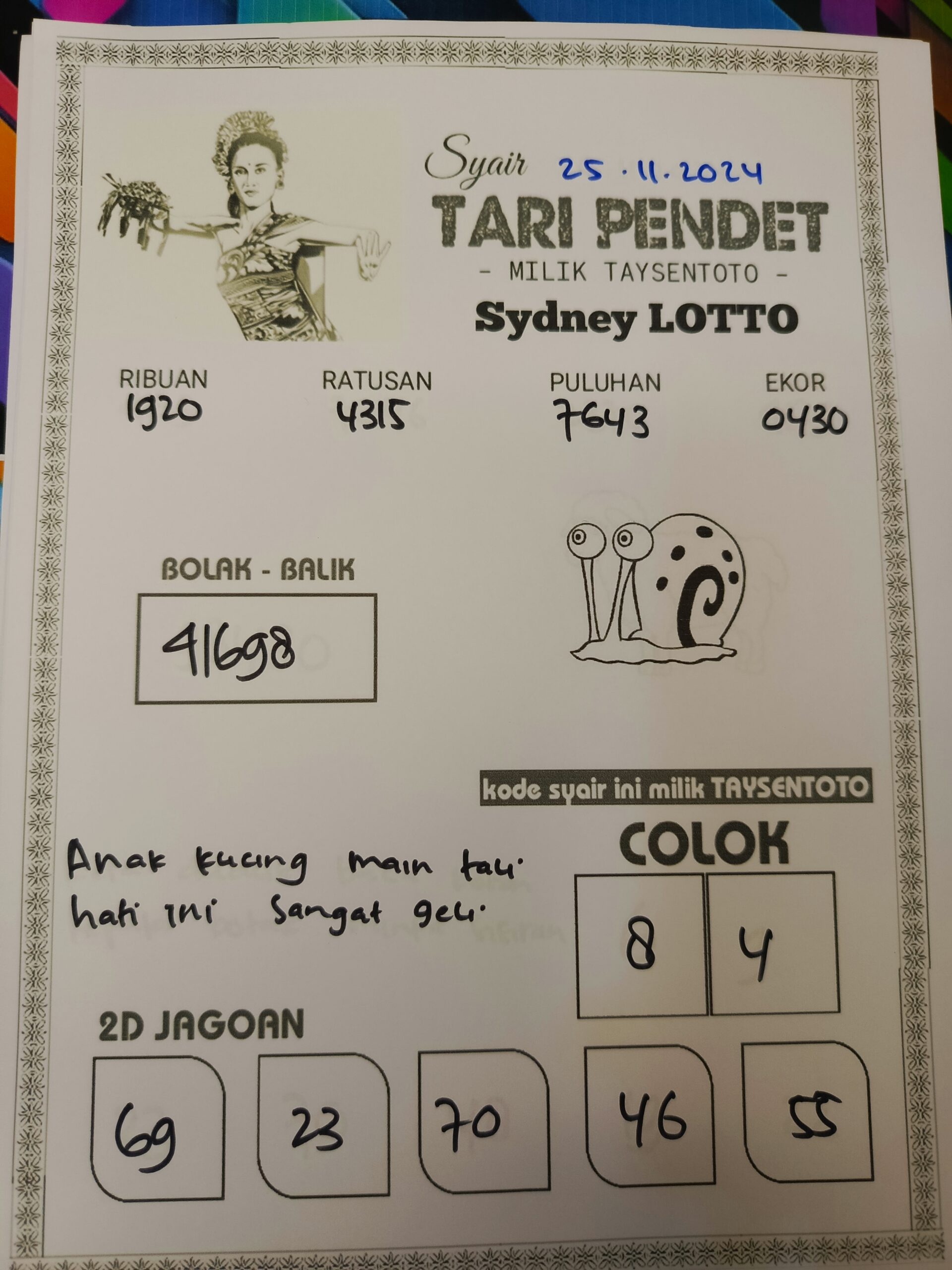 Syair Tari Pendet Sydney Hari ini Senin, 25 November 2024