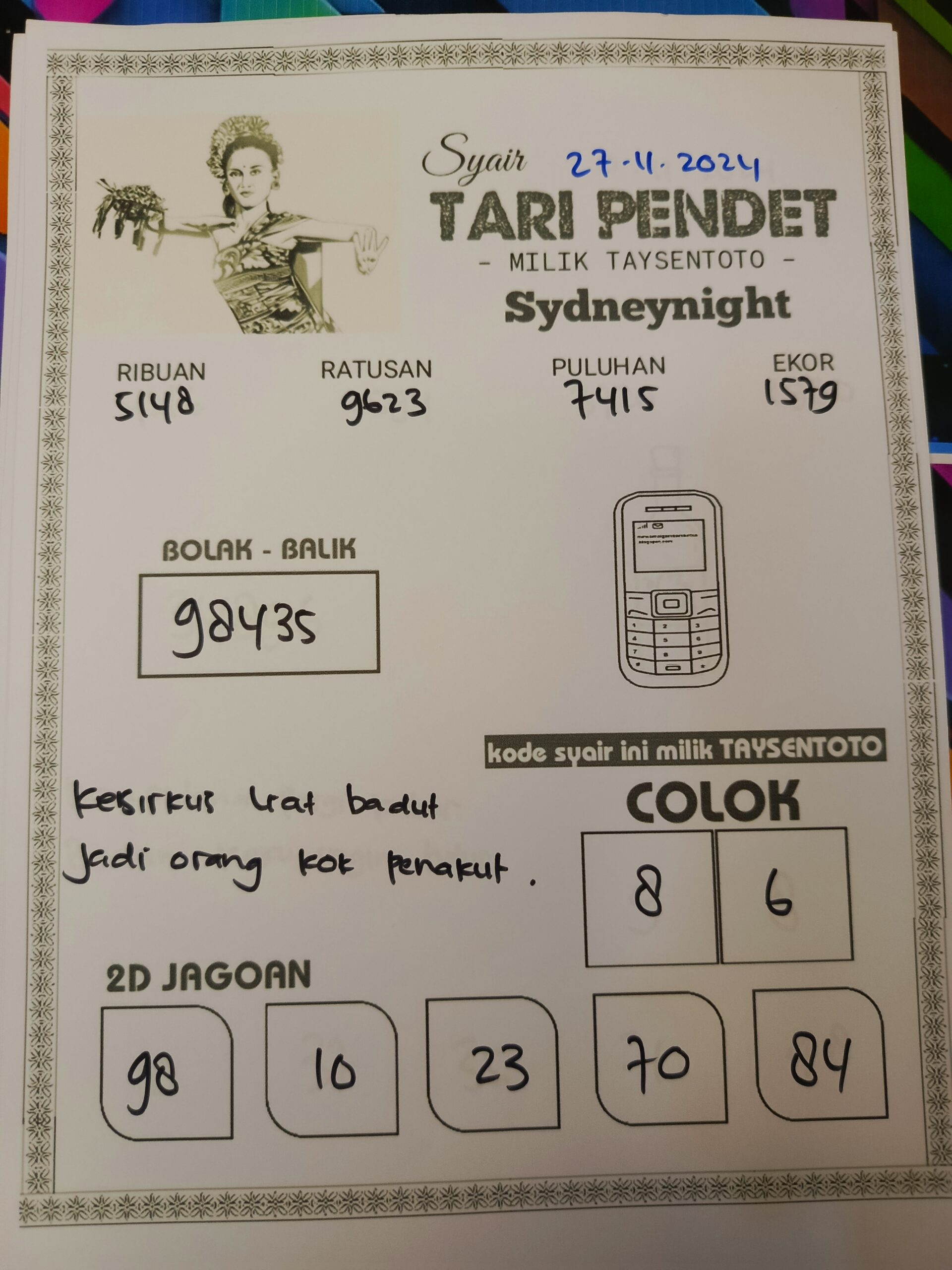 Syair Tari Pendet SydneyNight Hari ini Rabu, 27 November 2024