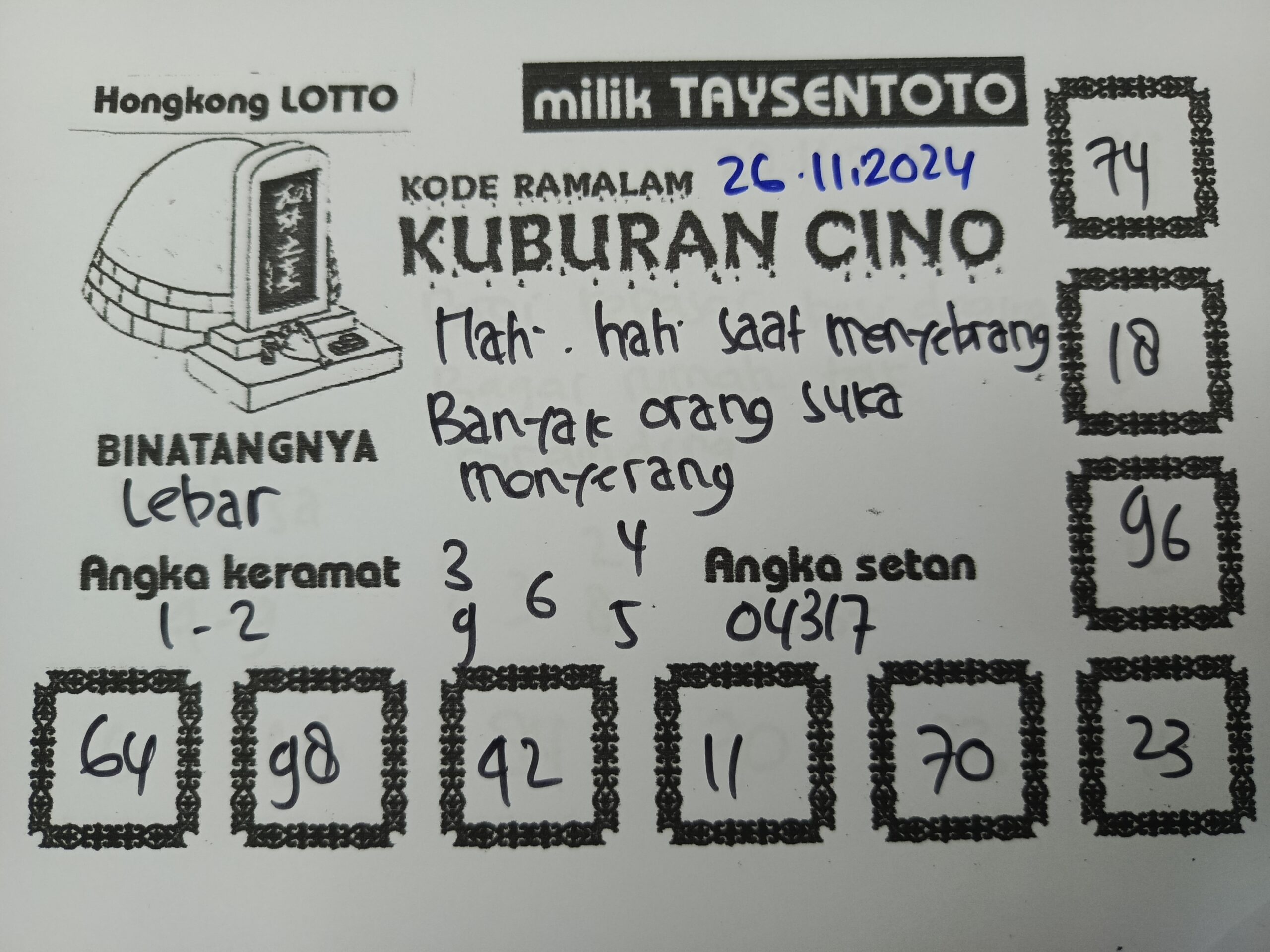 Syair Kuburan Cino HK Hari Selasa, 26 November 2024