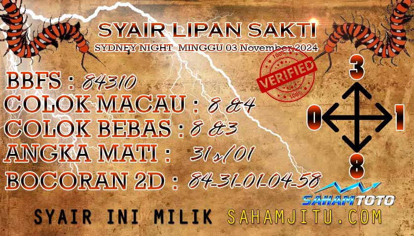 Syair Lipan Sakti Sydney Night hari ini Minggu 03 November 2024