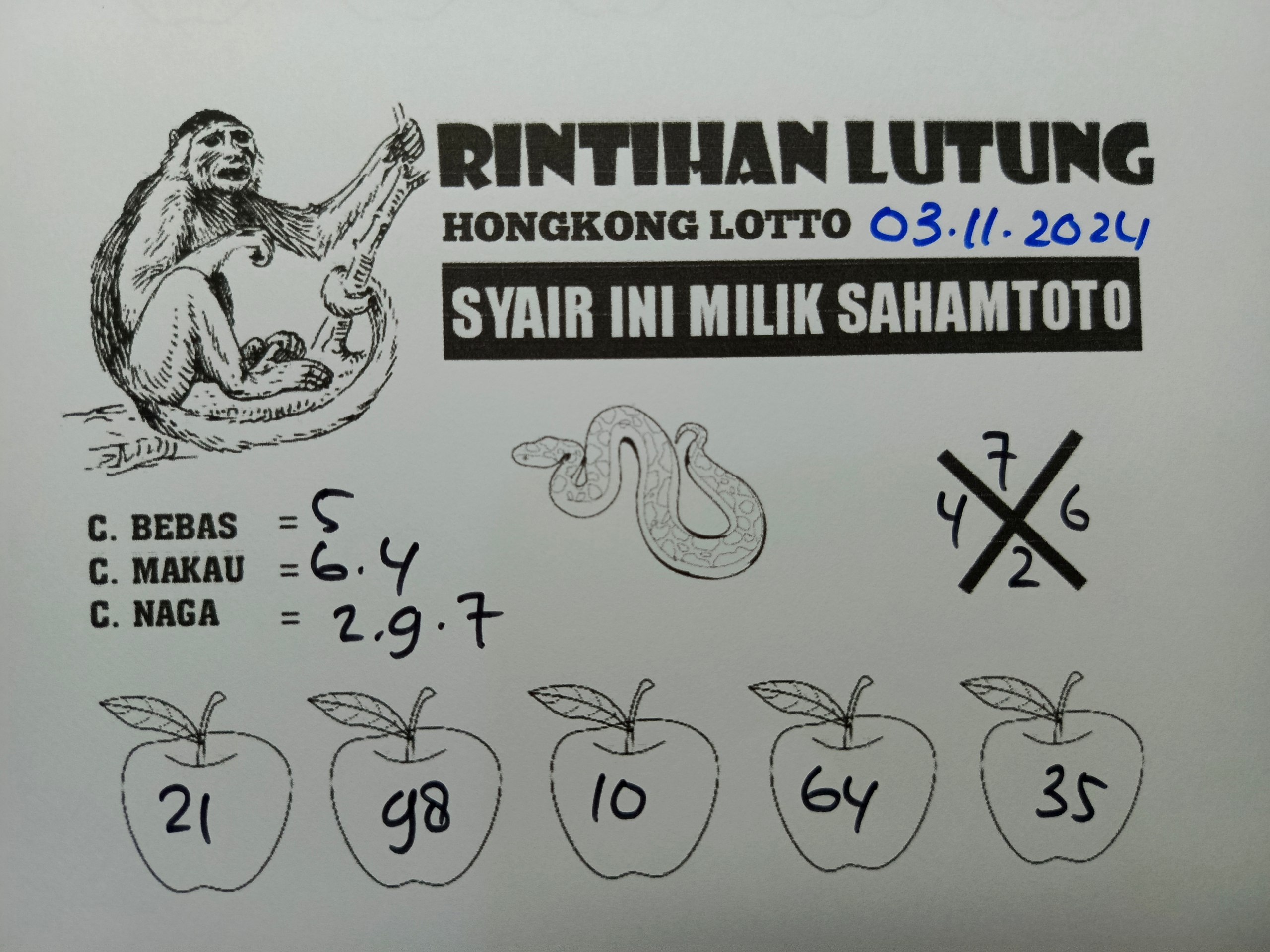 Syair Rintihan Lutung Hongkong lotto hari ini Minggu 03 November 2024